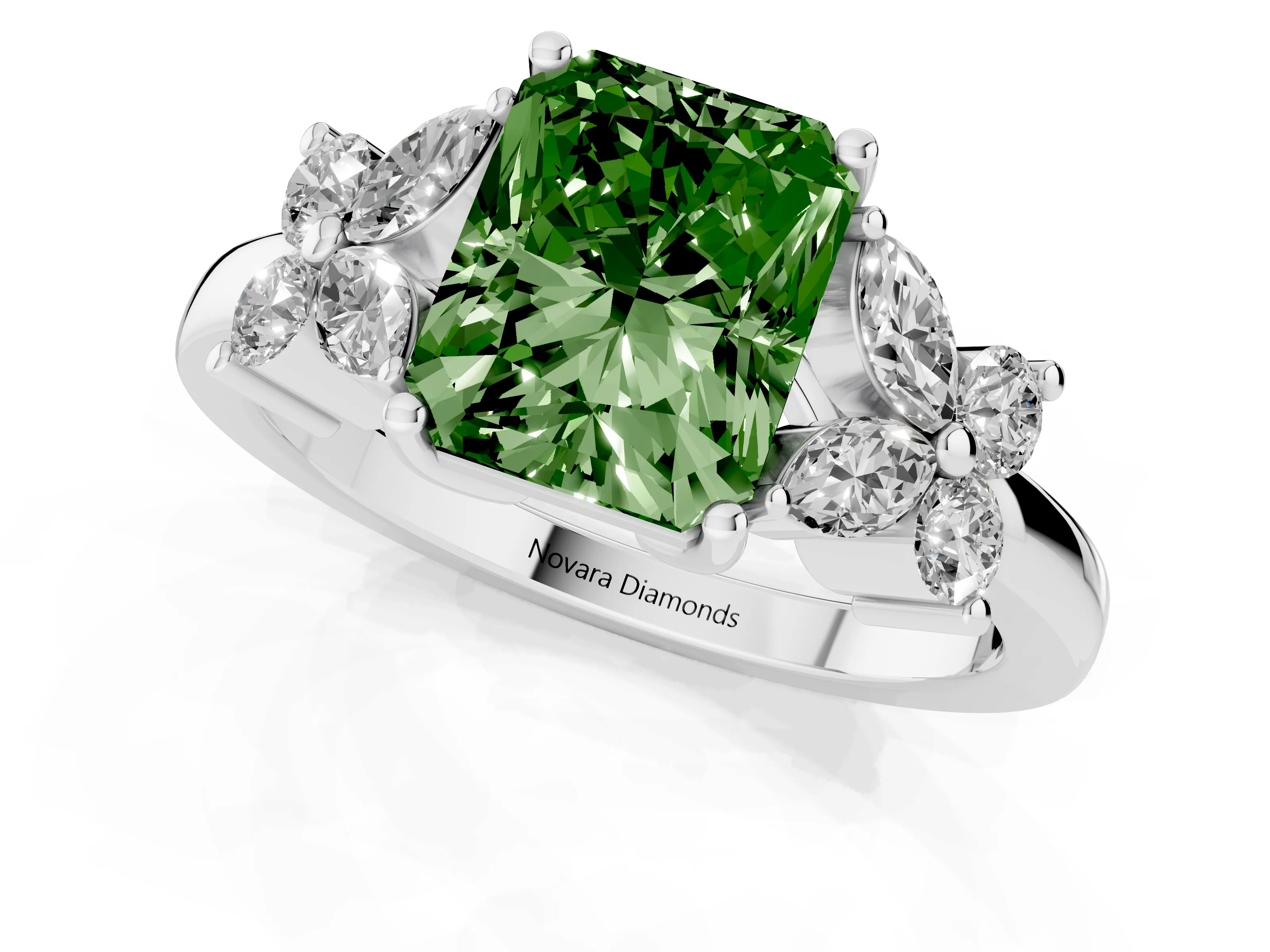 Fancy Green Radiant Cut Diamond Floral Cluster Ring Set in Silver with Marquise Petals and Prong Setting