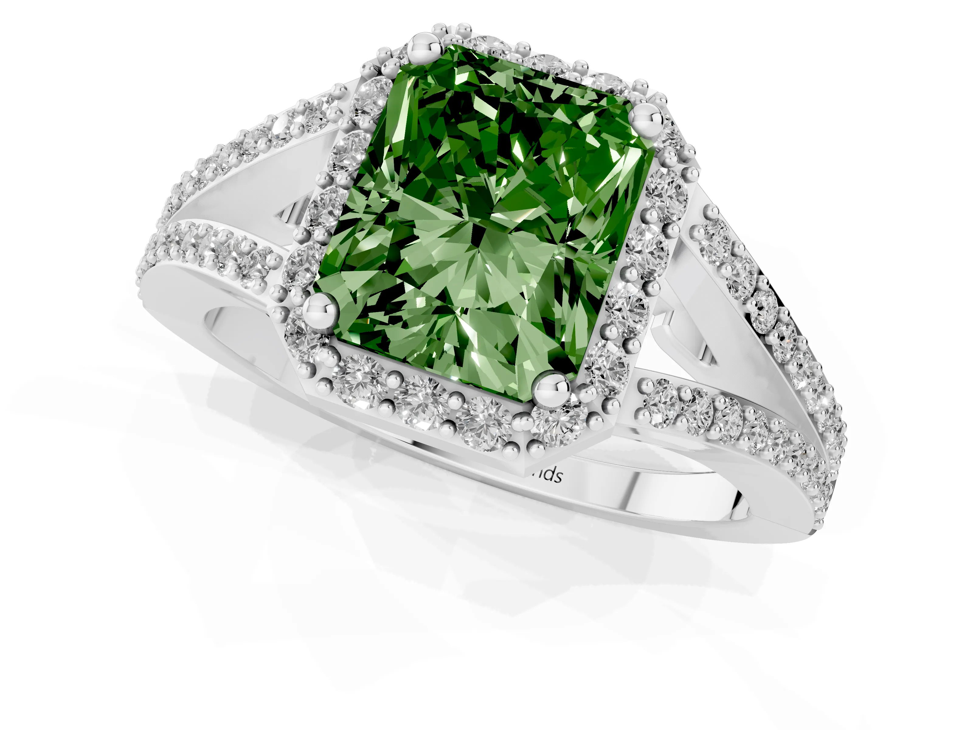 Fancy Green Radiant Cut Diamond Halo Split Shank Pavé Ring Set in Platinum with Prong Setting