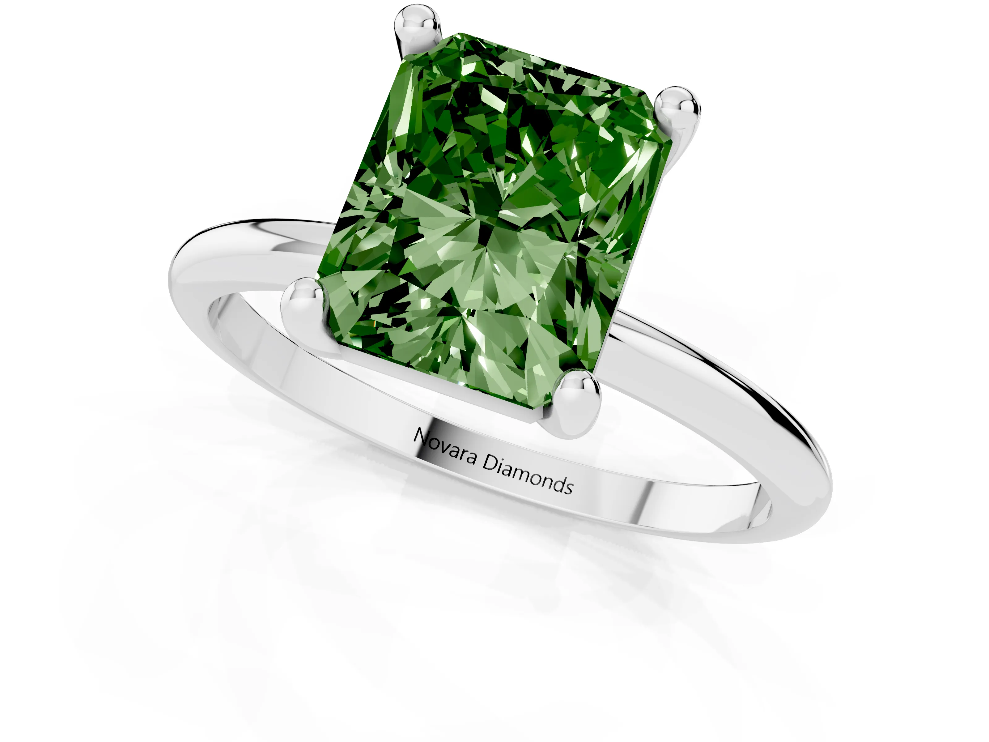 Fancy Green Radiant Cut Diamond Solitaire Ring Set in White gold with Secure Prong Setting on a Classic Band