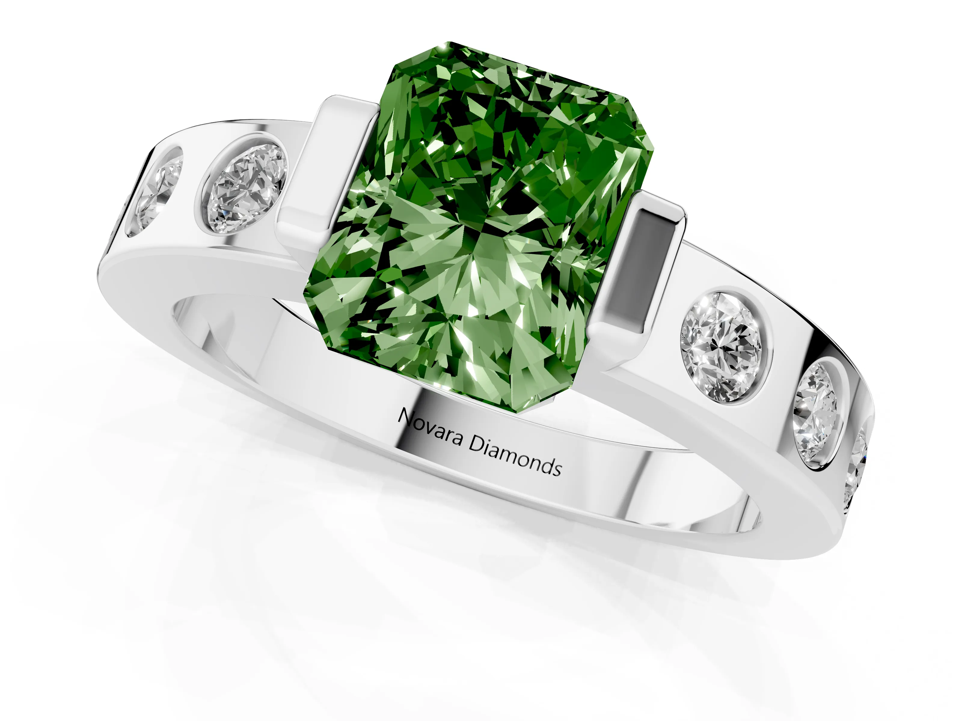 Fancy Green Radiant Cut Diamond Channel-Set Band Ring Set in Silver with Bezel Prong Setting