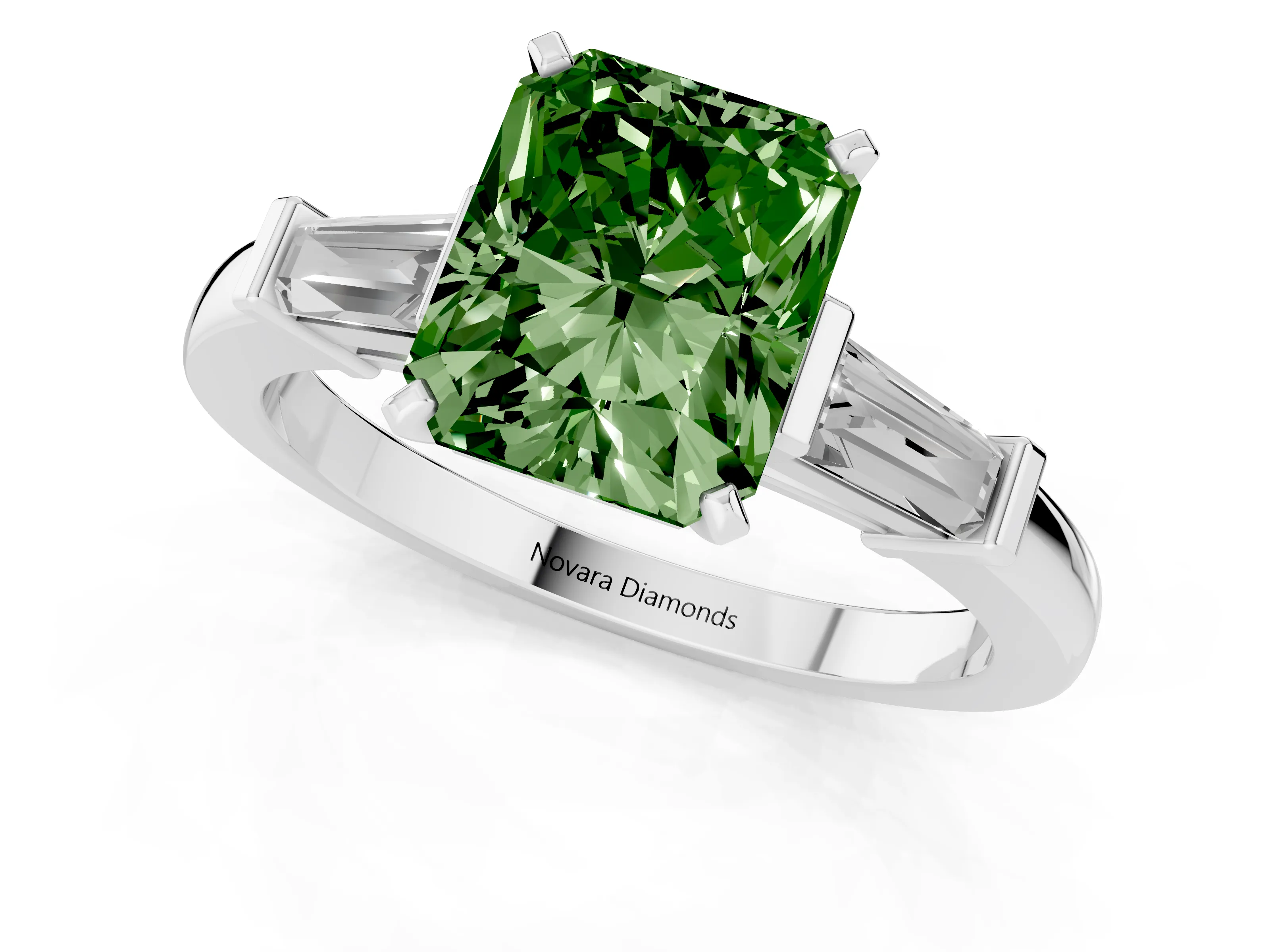 Fancy Green Radiant Cut Diamond Solitaire Ring Set in White gold with Tapered Baguette Accents and Prong Setting