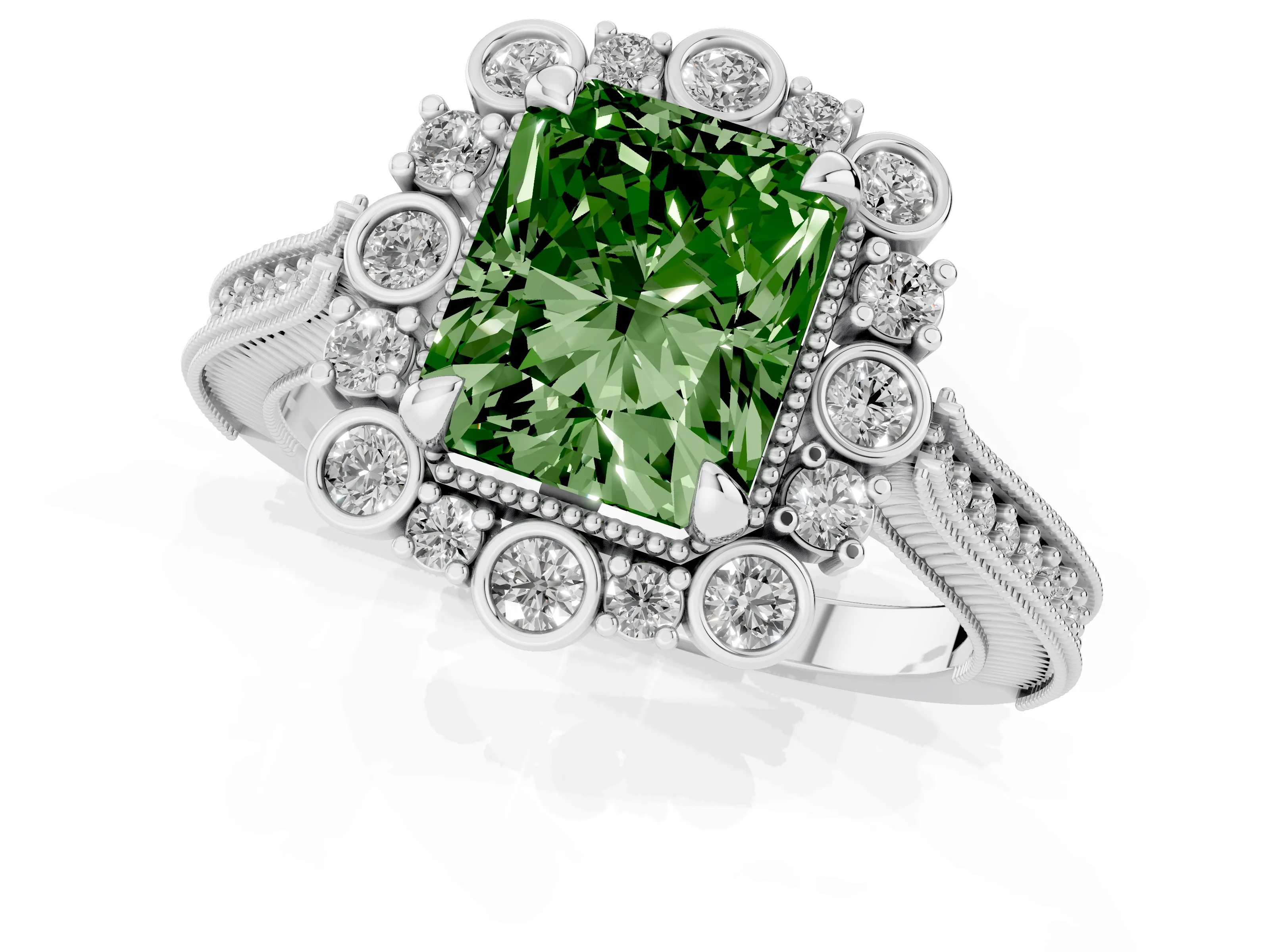 Fancy Green Radiant Cut Diamond Halo Milgrain Pavé Ring Set in Silver with Prong Setting