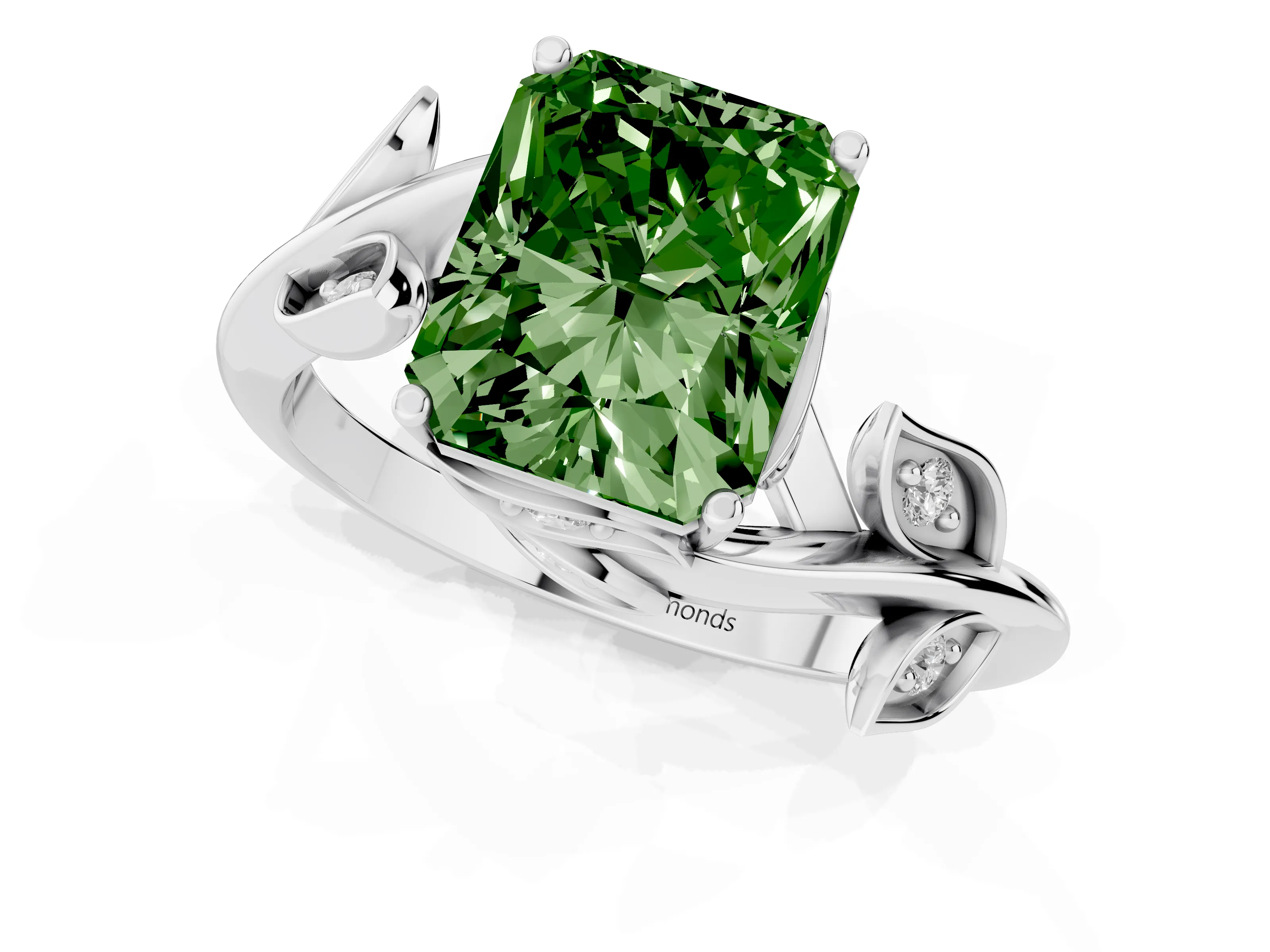 Fancy Green Radiant Cut Diamond Solitaire Twist Engagement Ring Set in White gold with Pavé Leaf Accents – second view