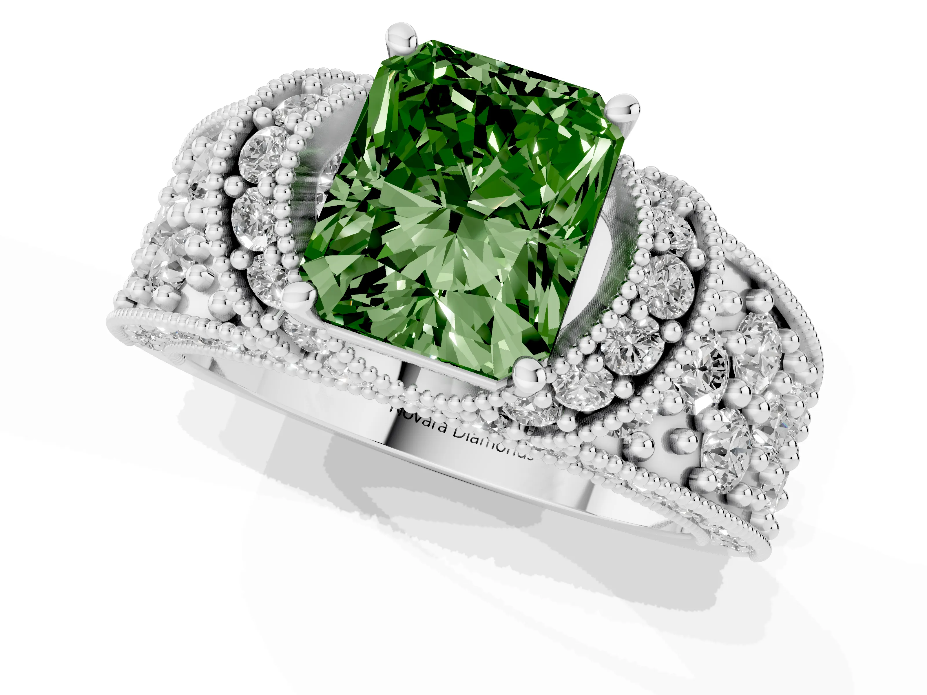 Fancy Green Radiant Cut Diamond Milgrain Halo Pavé Engagement Ring Set in White gold with Prong Setting