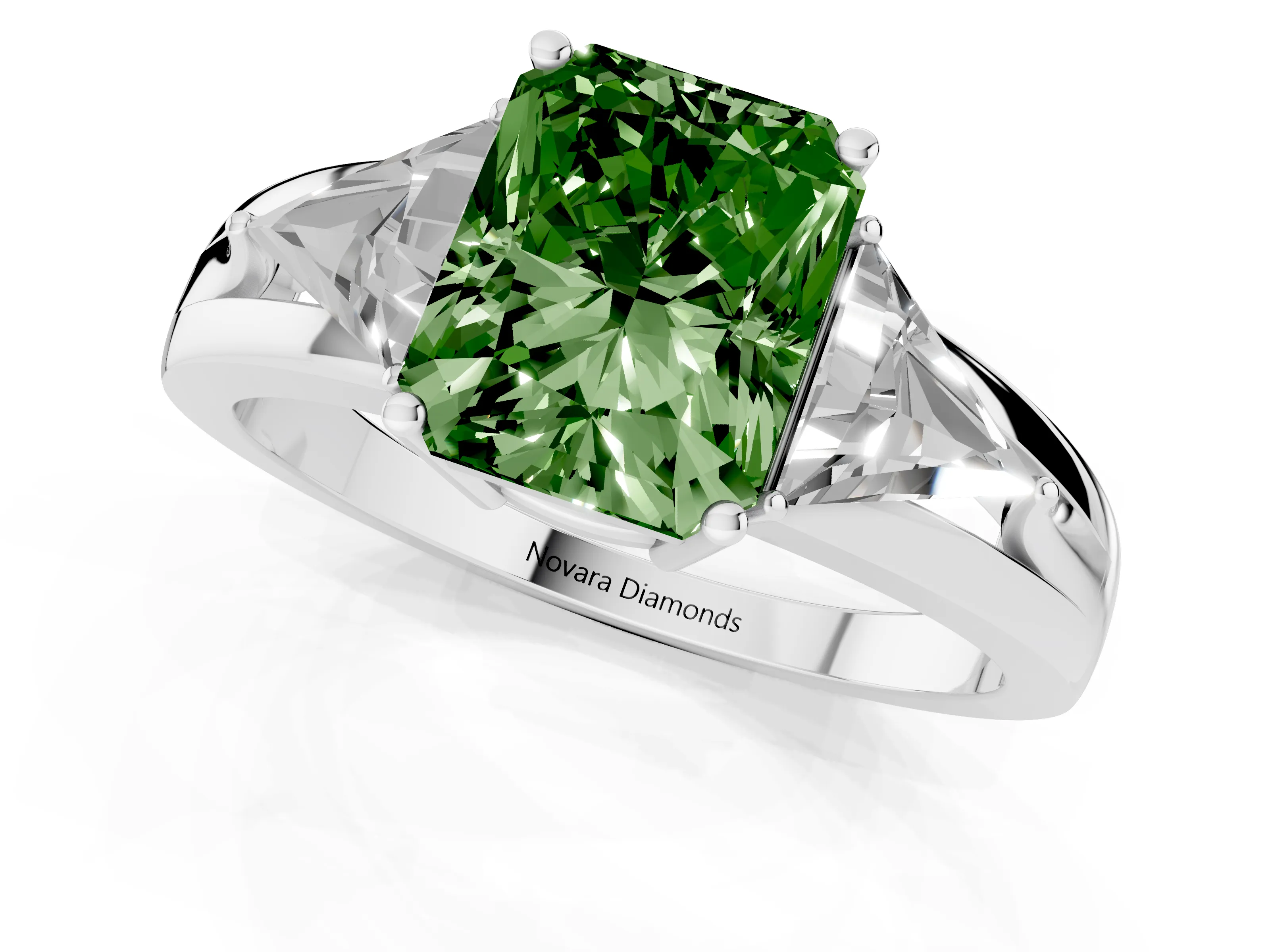 Fancy Green Radiant Cut Diamond Three-Stone Ring Set in Silver with Trillion Side Stones and Split Shank