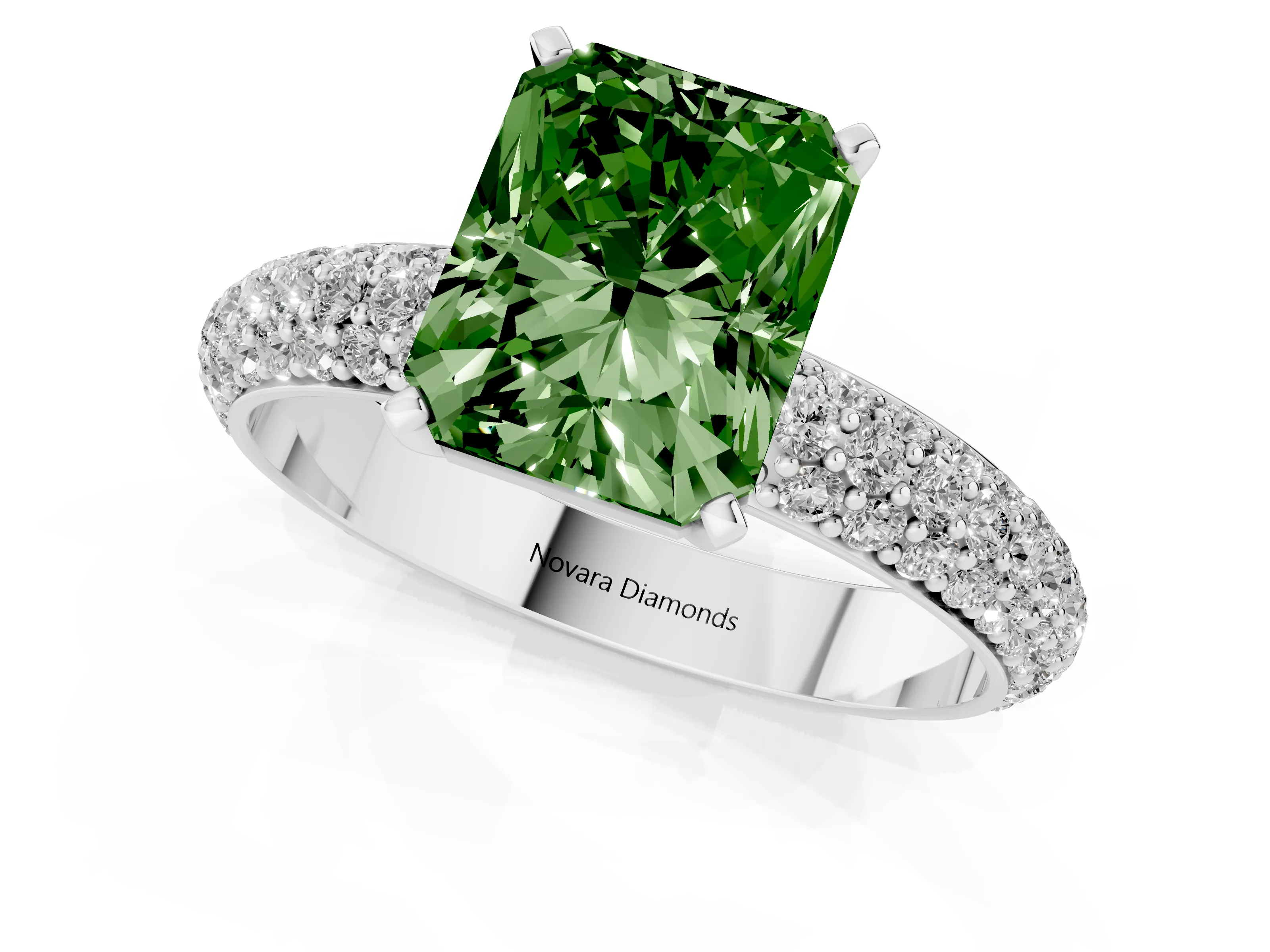 Fancy Green Radiant Cut Diamond Solitaire Ring Set in Platinum with Prong Setting and Pavé-Set Band