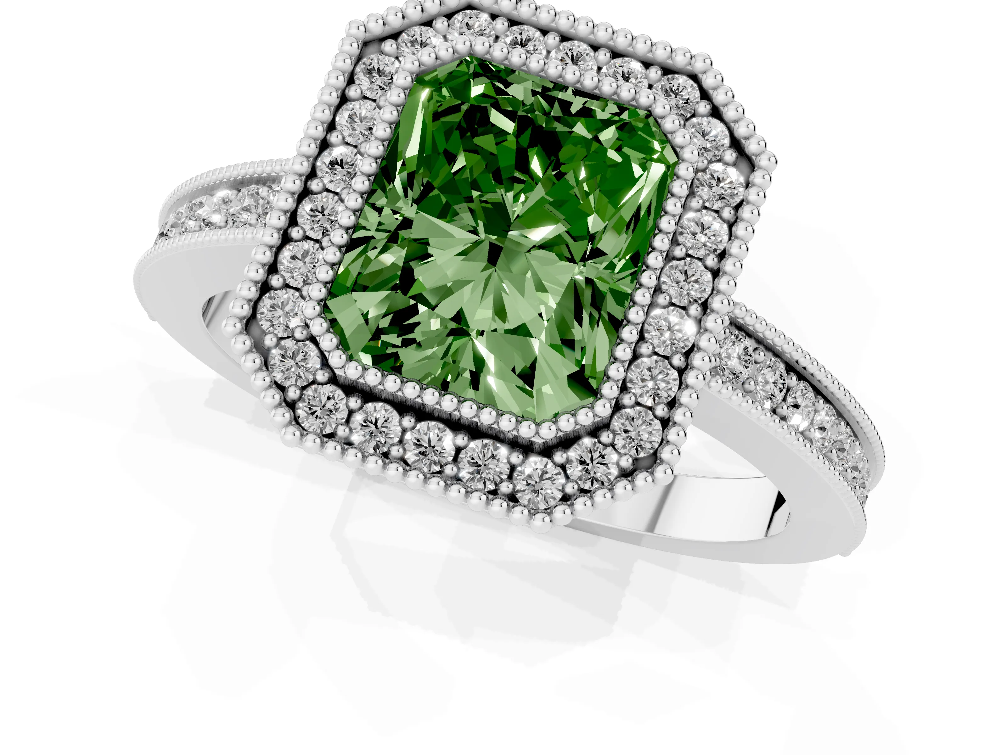 Fancy Green Radiant Cut Diamond Halo Ring Set in White gold with Pavé Band and Milgrain-Edged Prongs