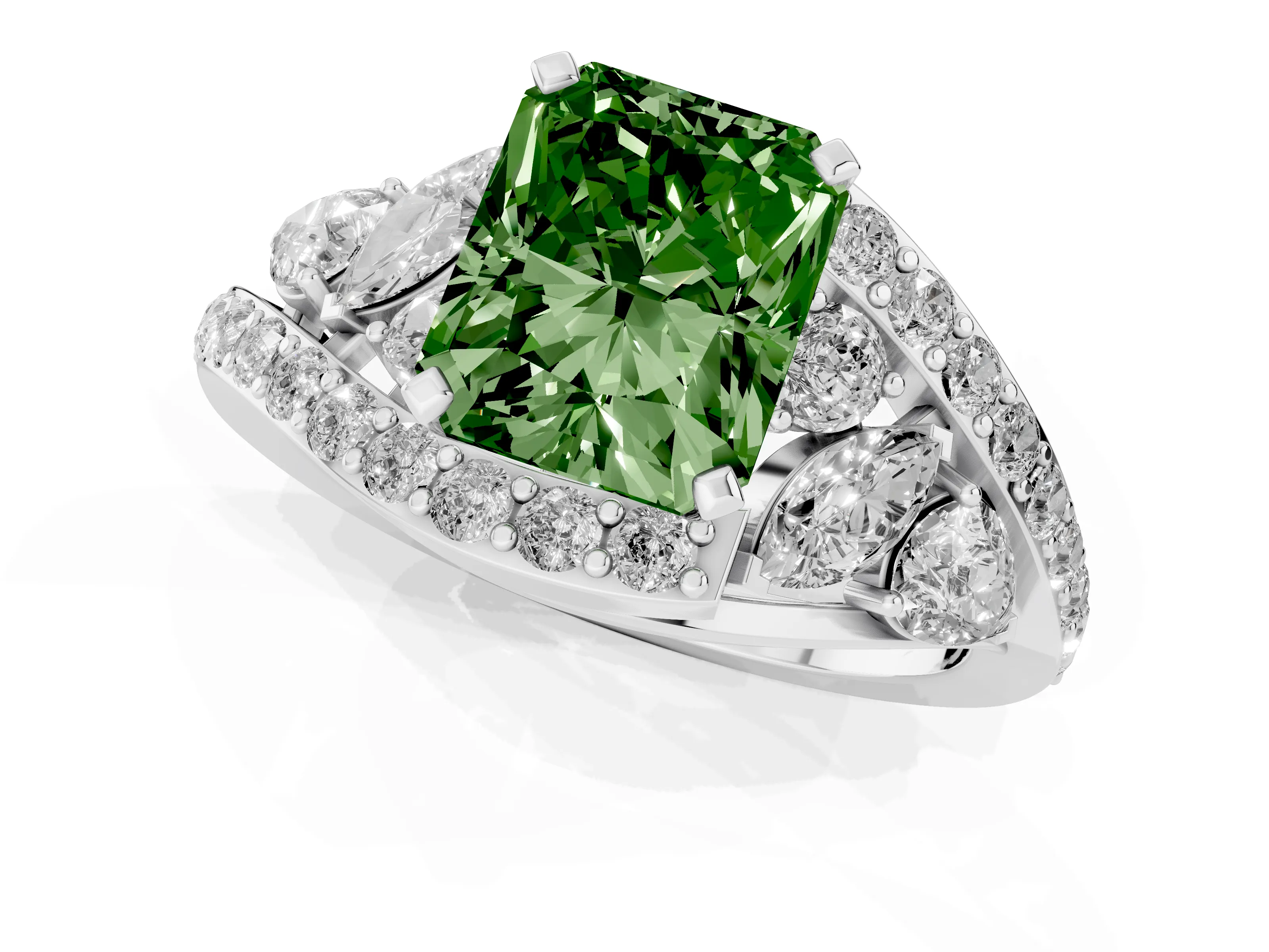 Fancy Green Radiant Cut Diamond Halo Ring Set in Silver with Marquise and Pavé Band in Prong Setting