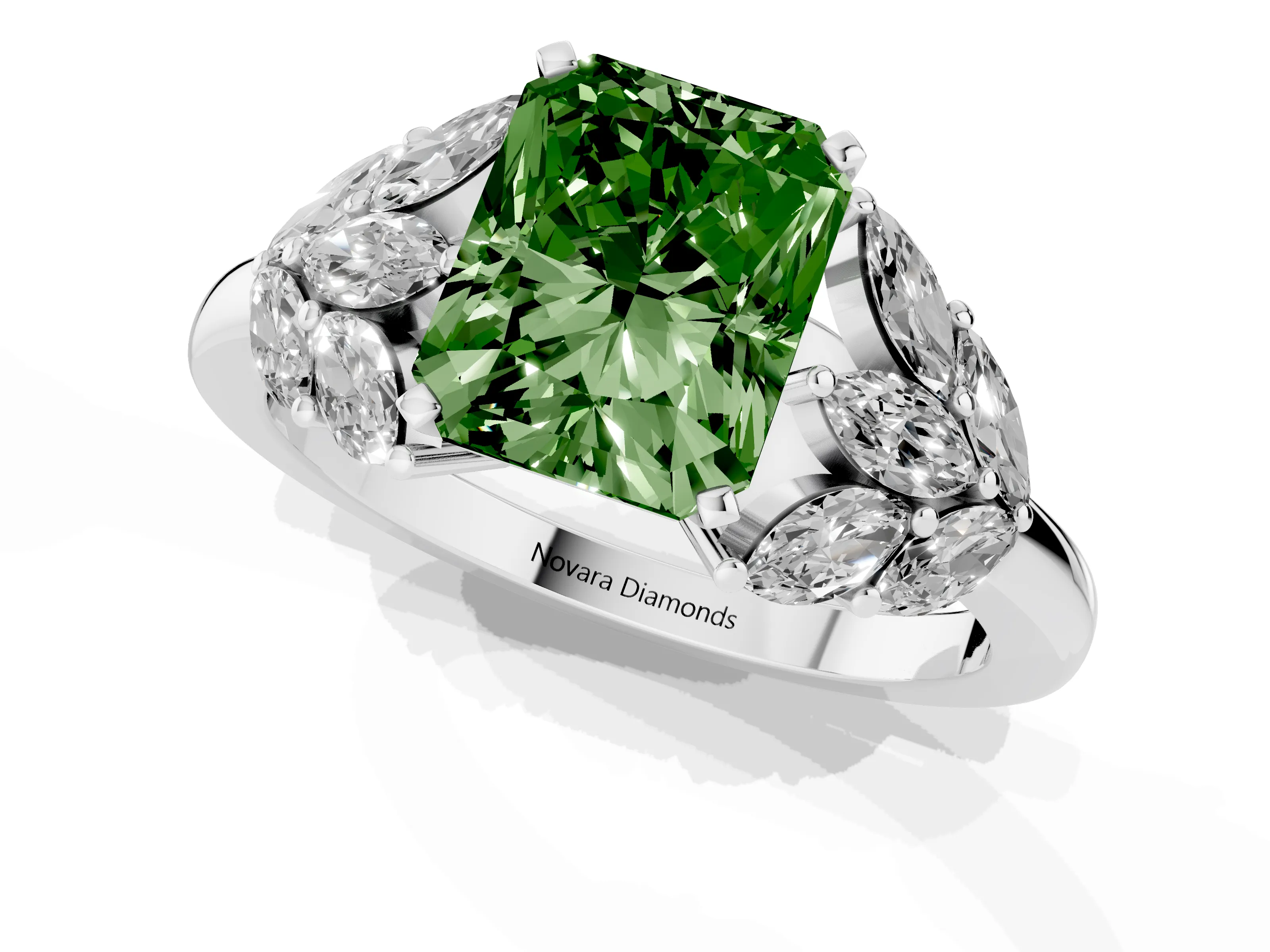 Fancy Green Radiant Cut Diamond Cluster Leaf Design Ring Set in White gold with Prong Setting