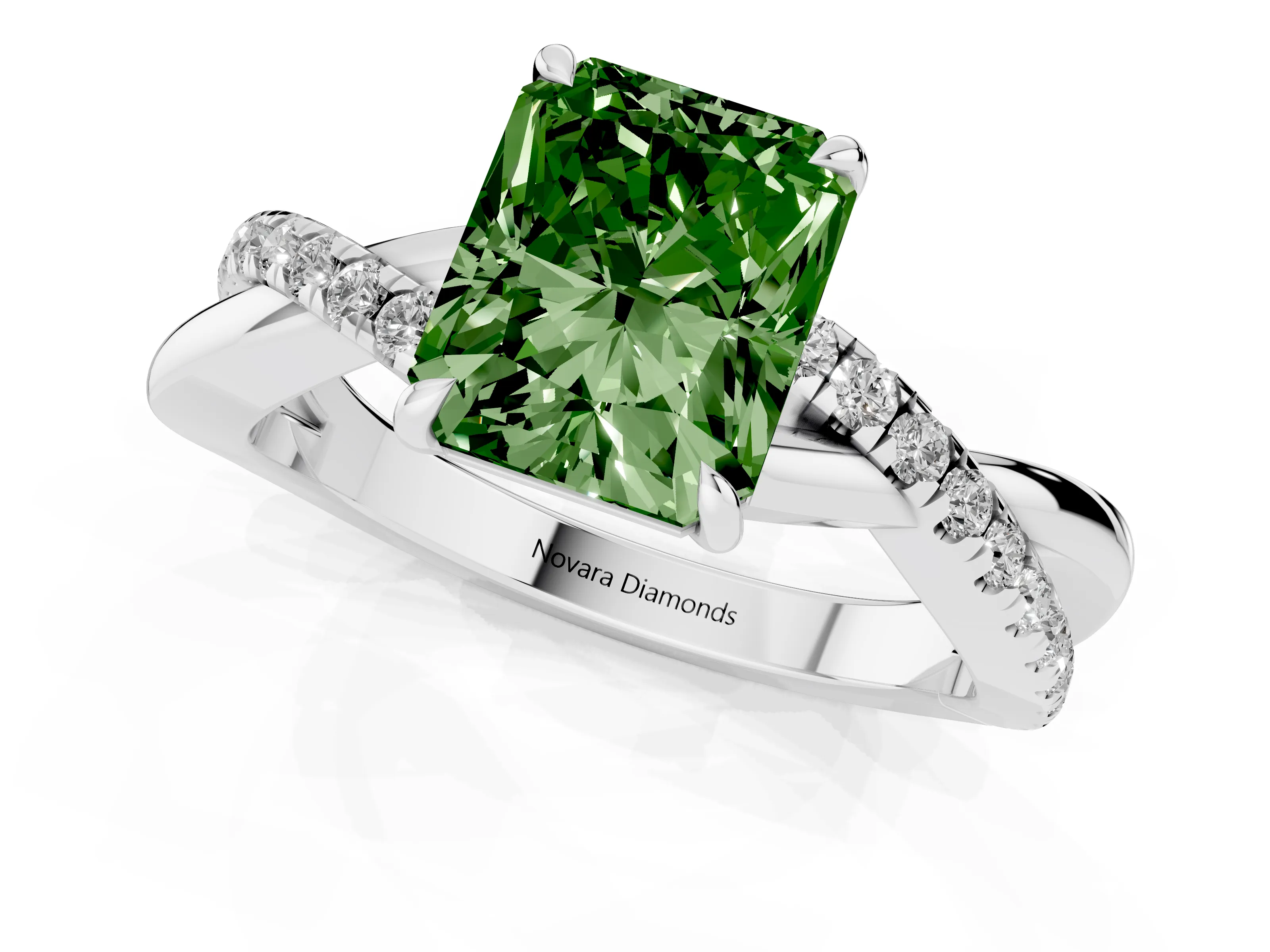 Fancy Green Radiant Cut Diamond Twisted Pavé Band Ring Set in Silver with Prong Setting