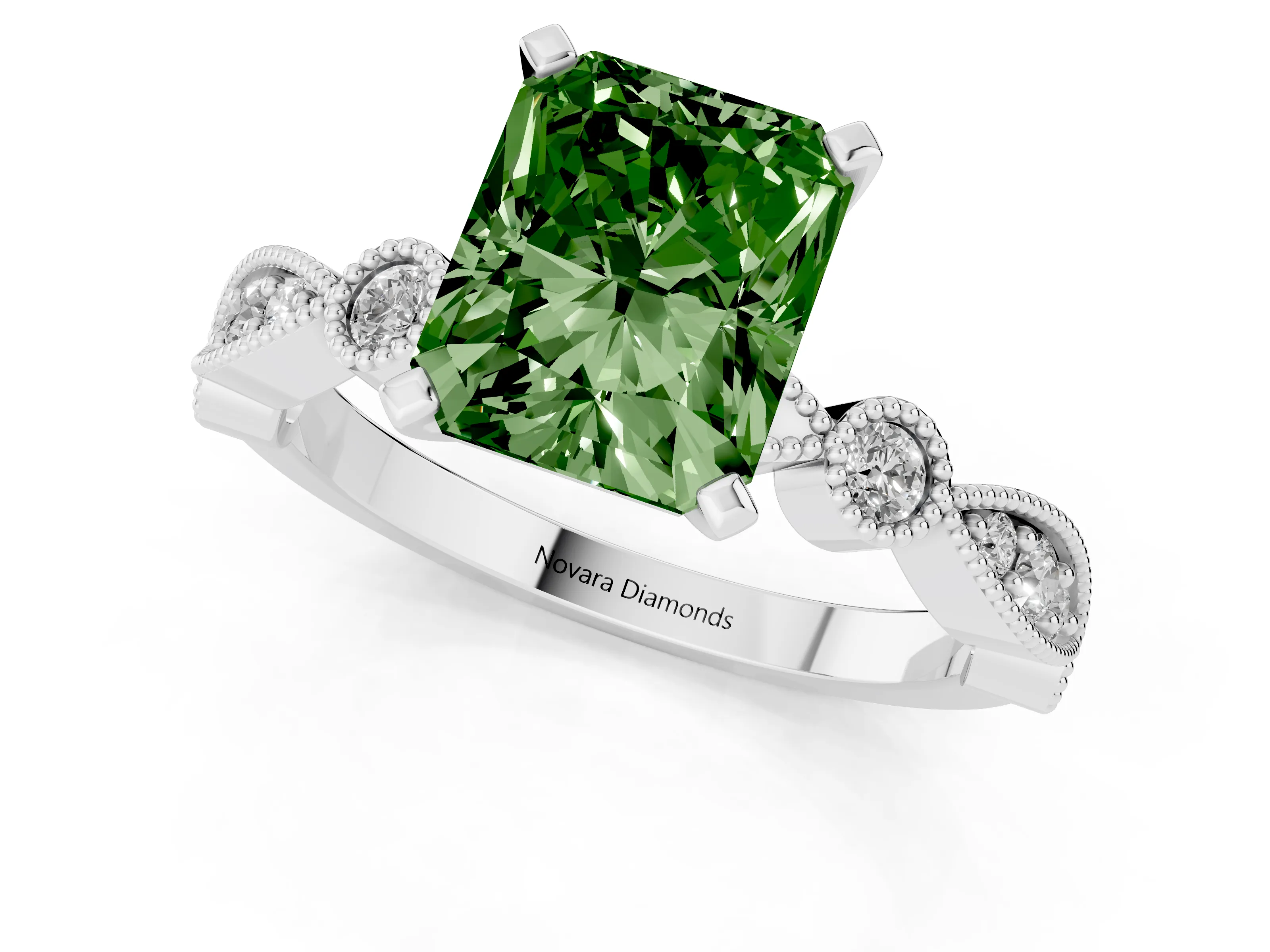 Fancy Green Radiant Cut Diamond Solitaire Engagement Ring Set in White gold with Milgrain Bezel Accent Band