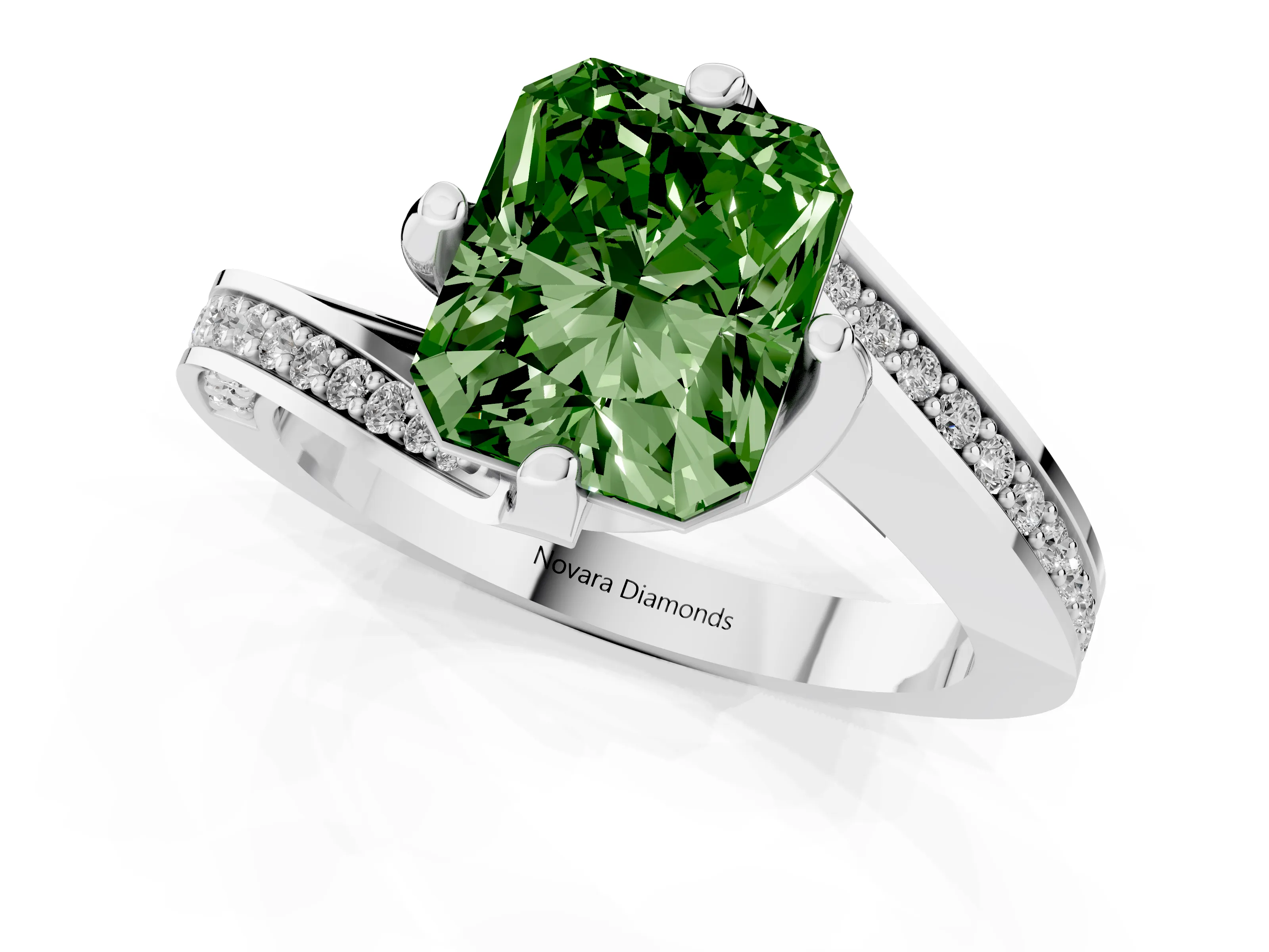 Fancy Green Radiant Cut Diamond Solitaire Ring Set in Platinum with Intertwined Pavé Twist Band