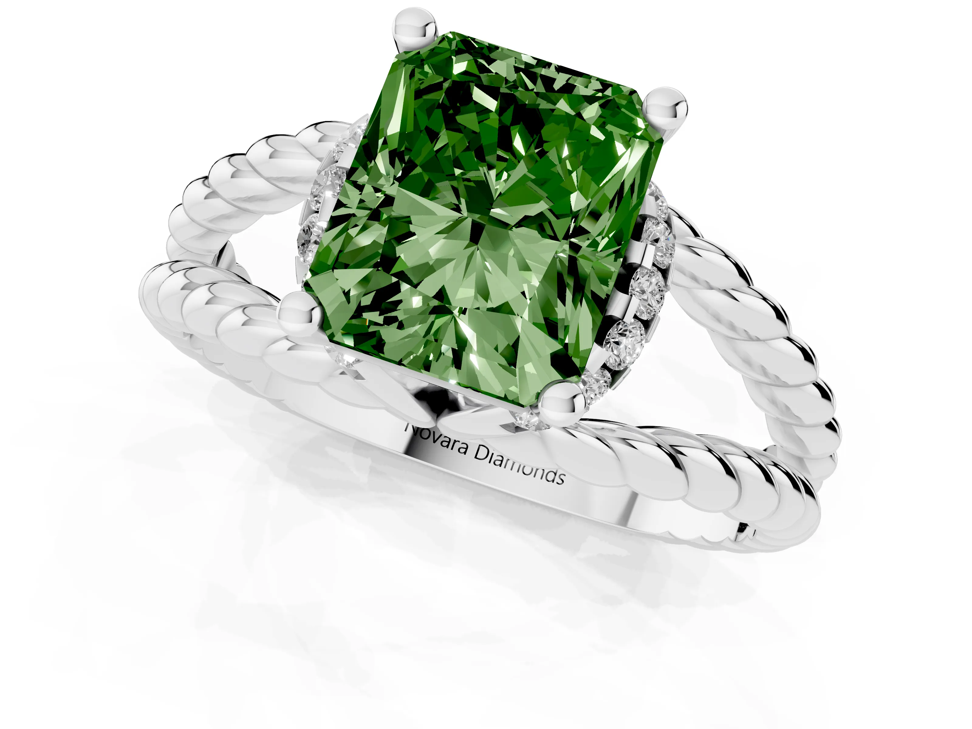 Fancy Green Radiant Cut Diamond Halo Ring Set in White gold with Twisted Band and Prong Setting