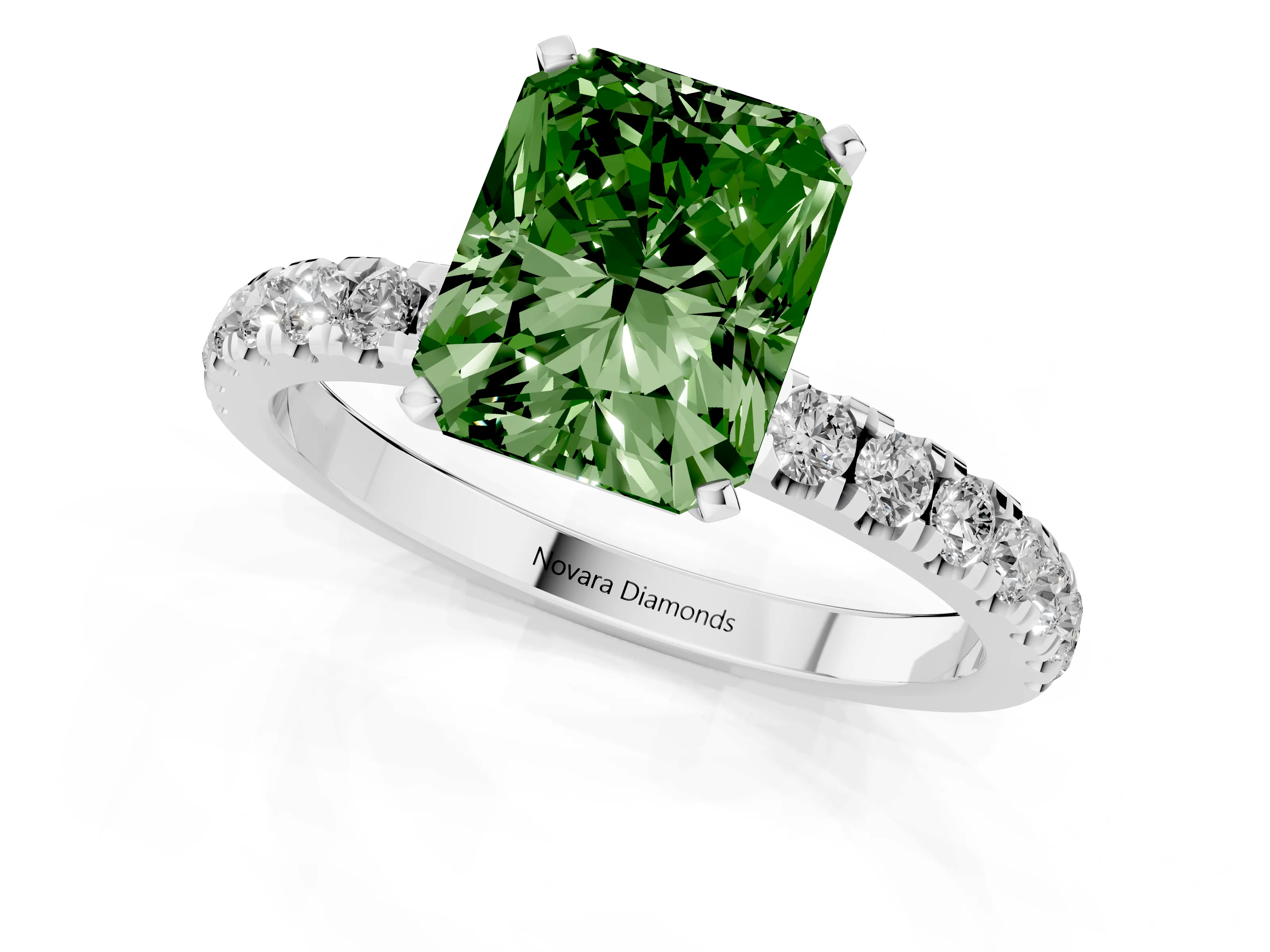 Fancy Green Radiant Cut Diamond Solitaire Ring Set in Silver with Pavé Accents and Prong Setting