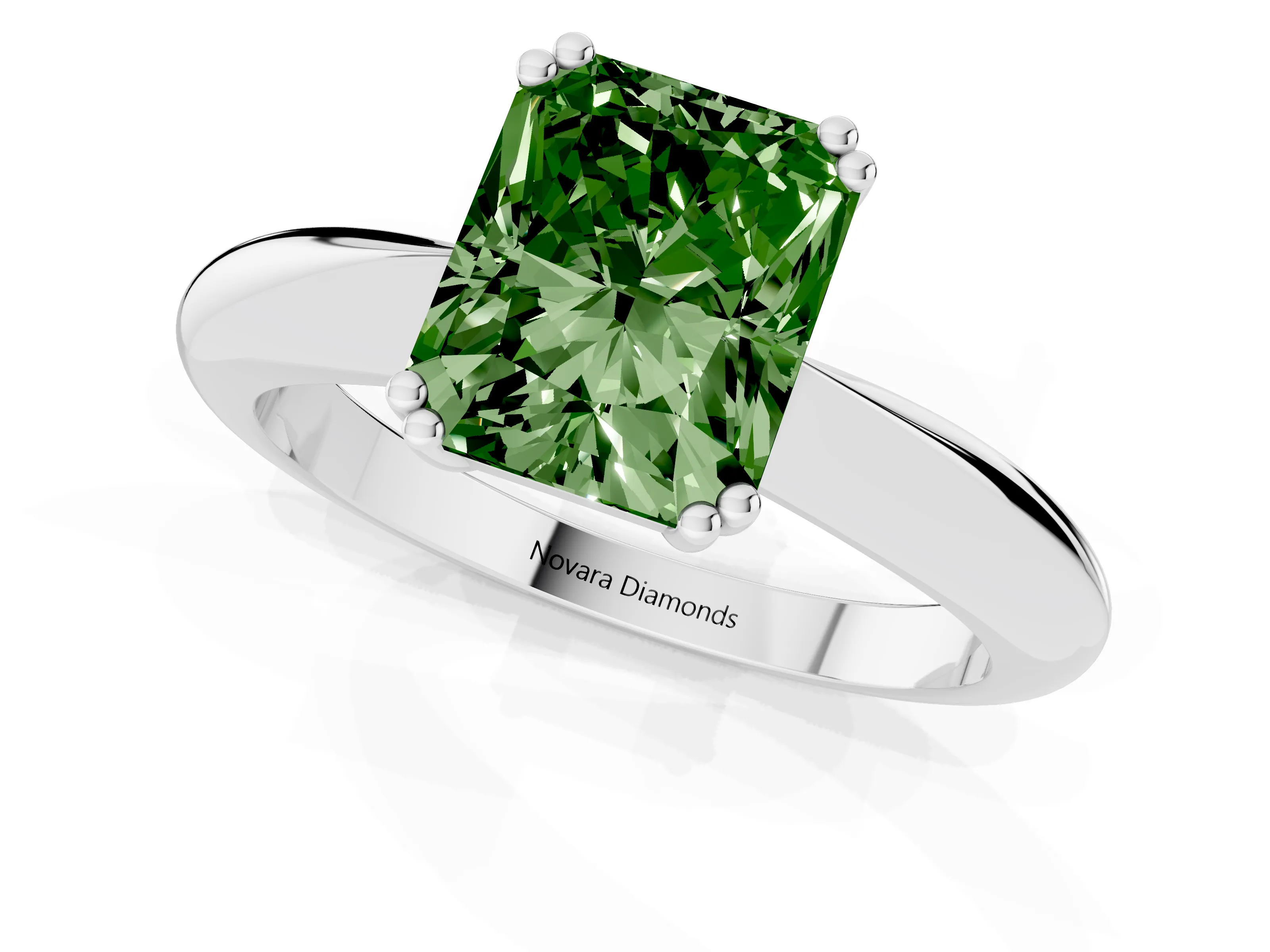 Fancy Green Radiant Cut Diamond Solitaire Engagement Ring Set in White gold with Tapered Band and Prong Setting