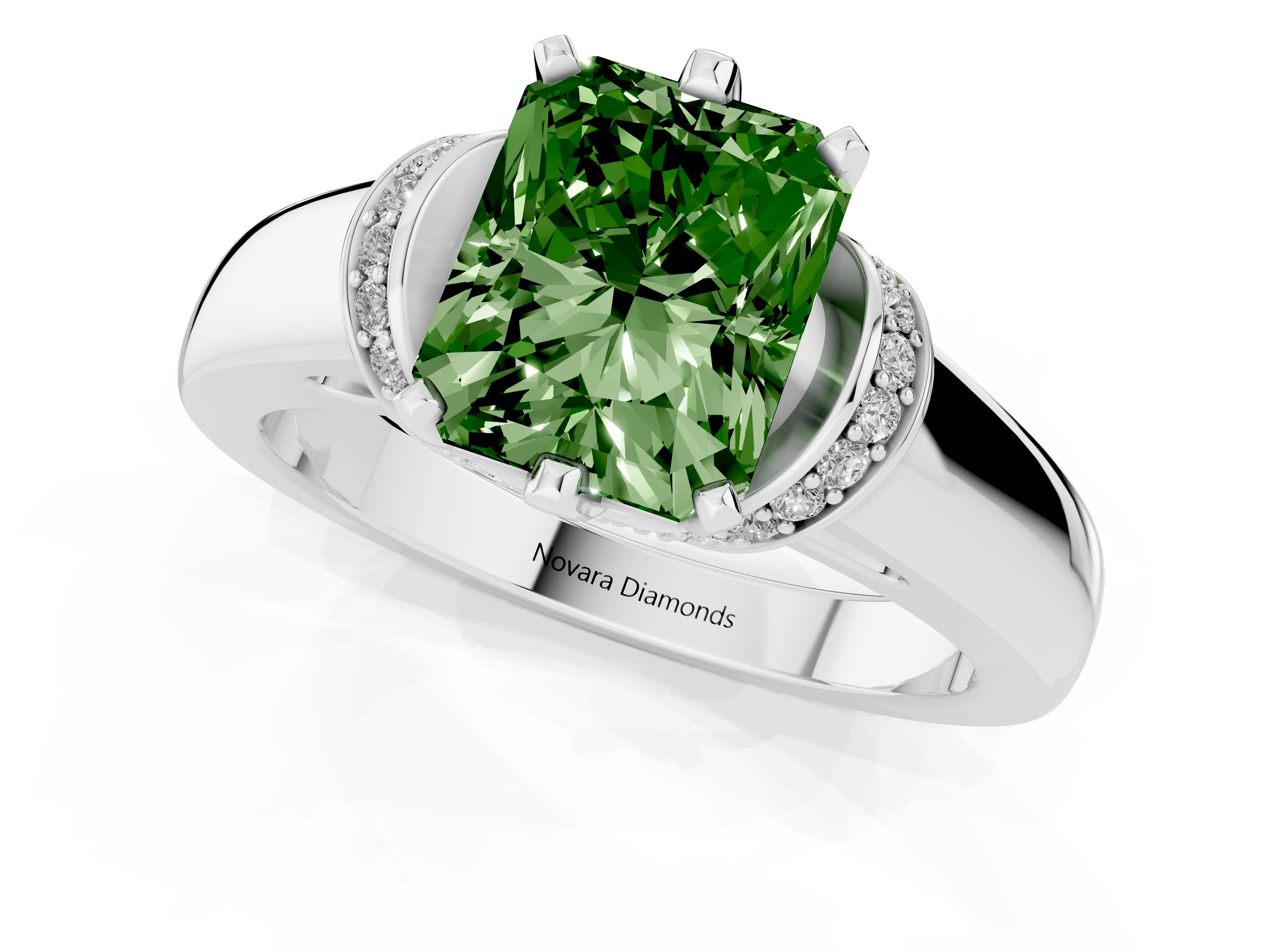 Fancy Green Radiant Cut Diamond Pavé Band Solitaire Ring Set in Platinum with Prong Setting