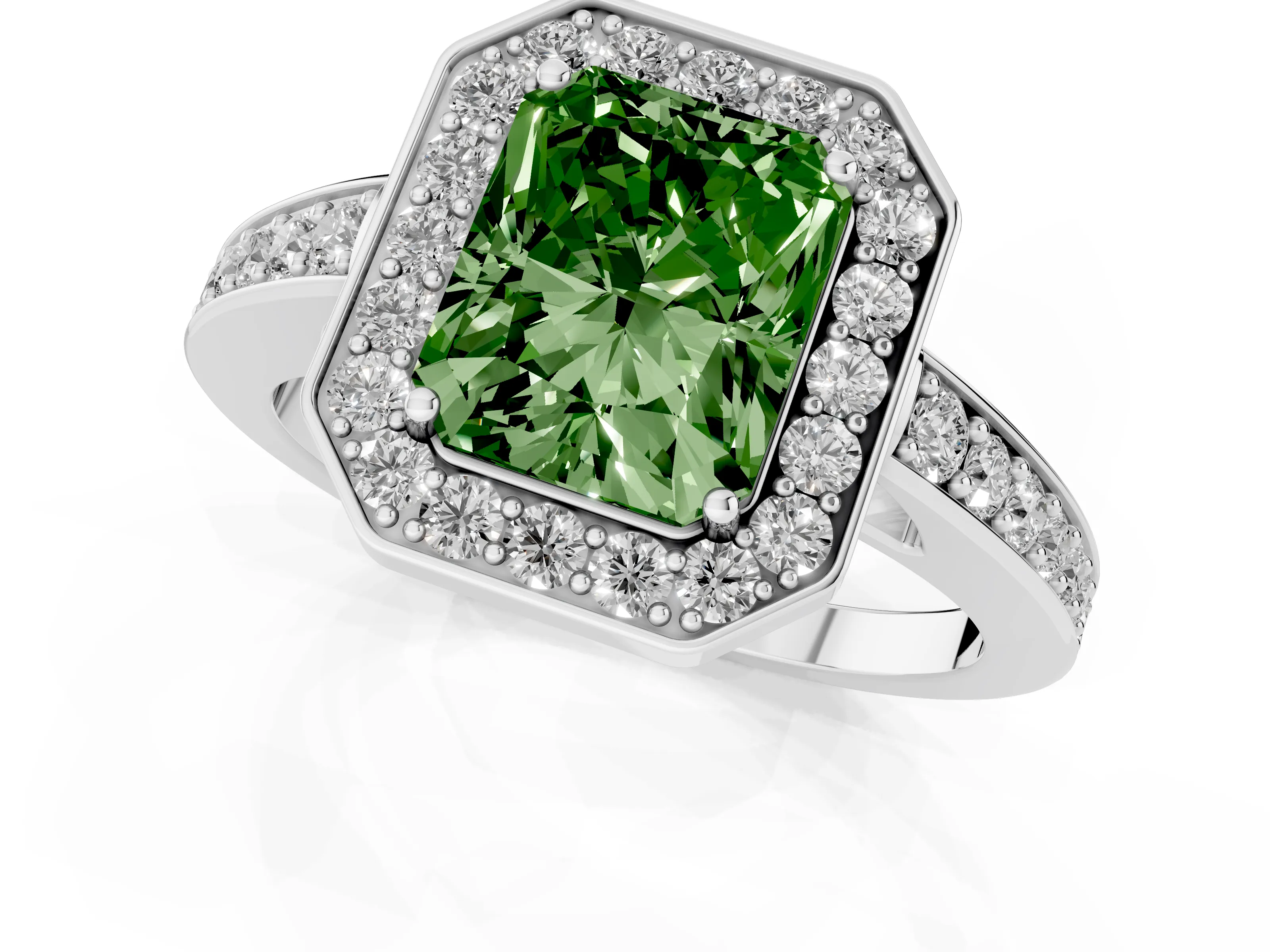 Fancy Green Radiant Cut Diamond Halo Pavé Engagement Ring Set in Platinum with Bezel Setting