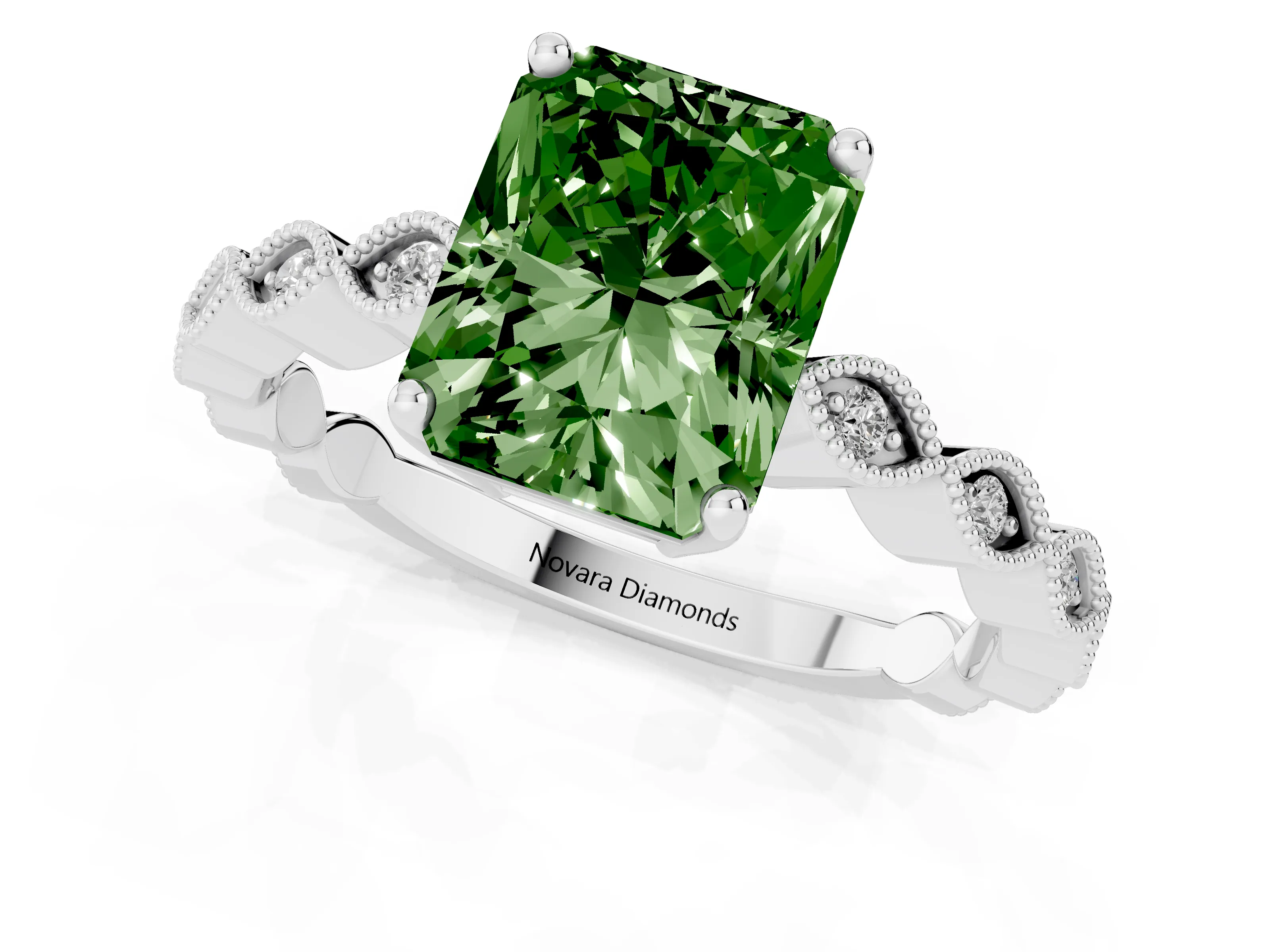 Fancy Green Radiant Cut Diamond Solitaire Ring Set in Platinum with Infinity Twist Pavé Band