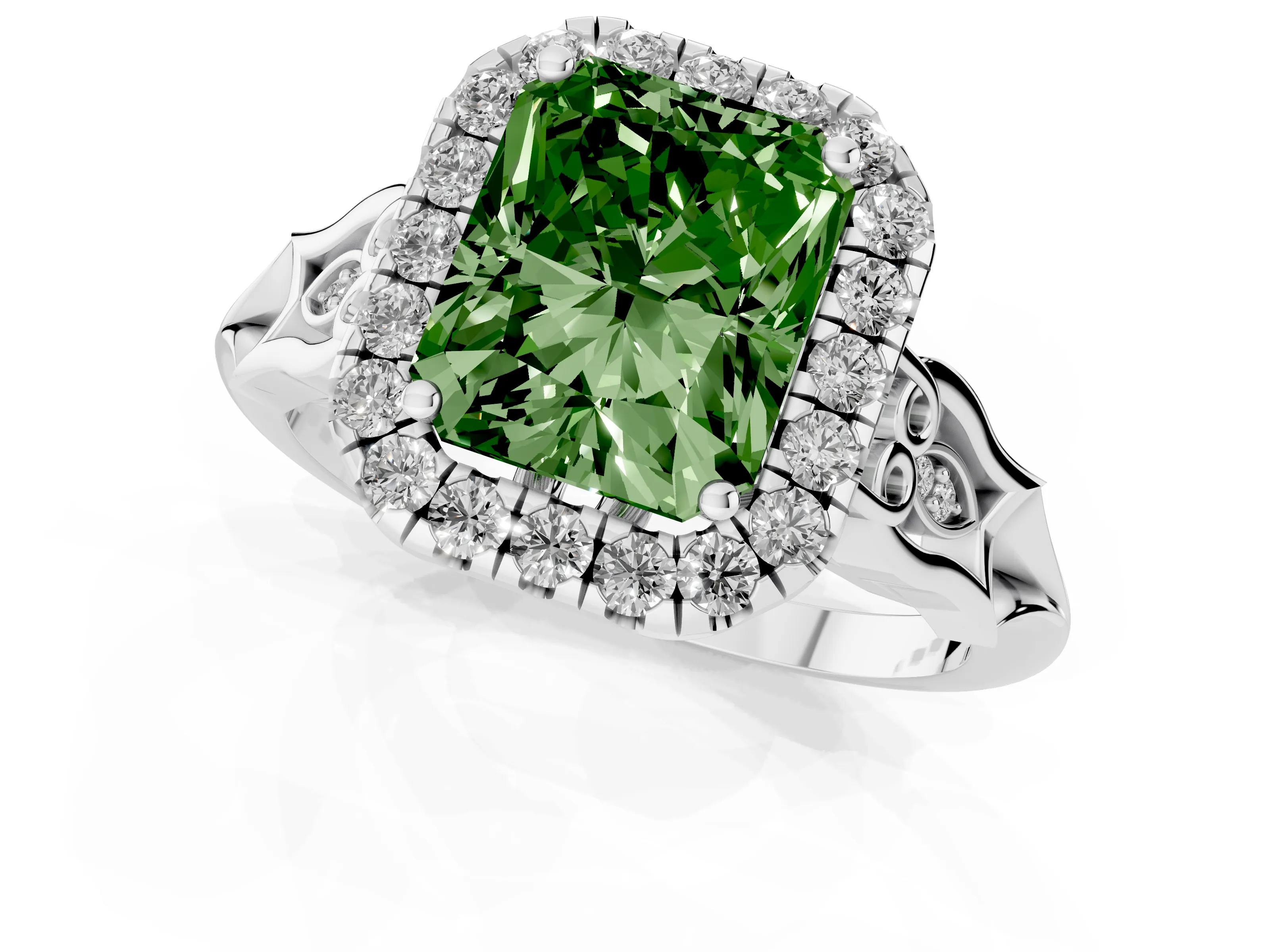 Fancy Green Radiant Cut Diamond Halo Engagement Ring Set in White gold with Filigree Band and Prong-Set Center