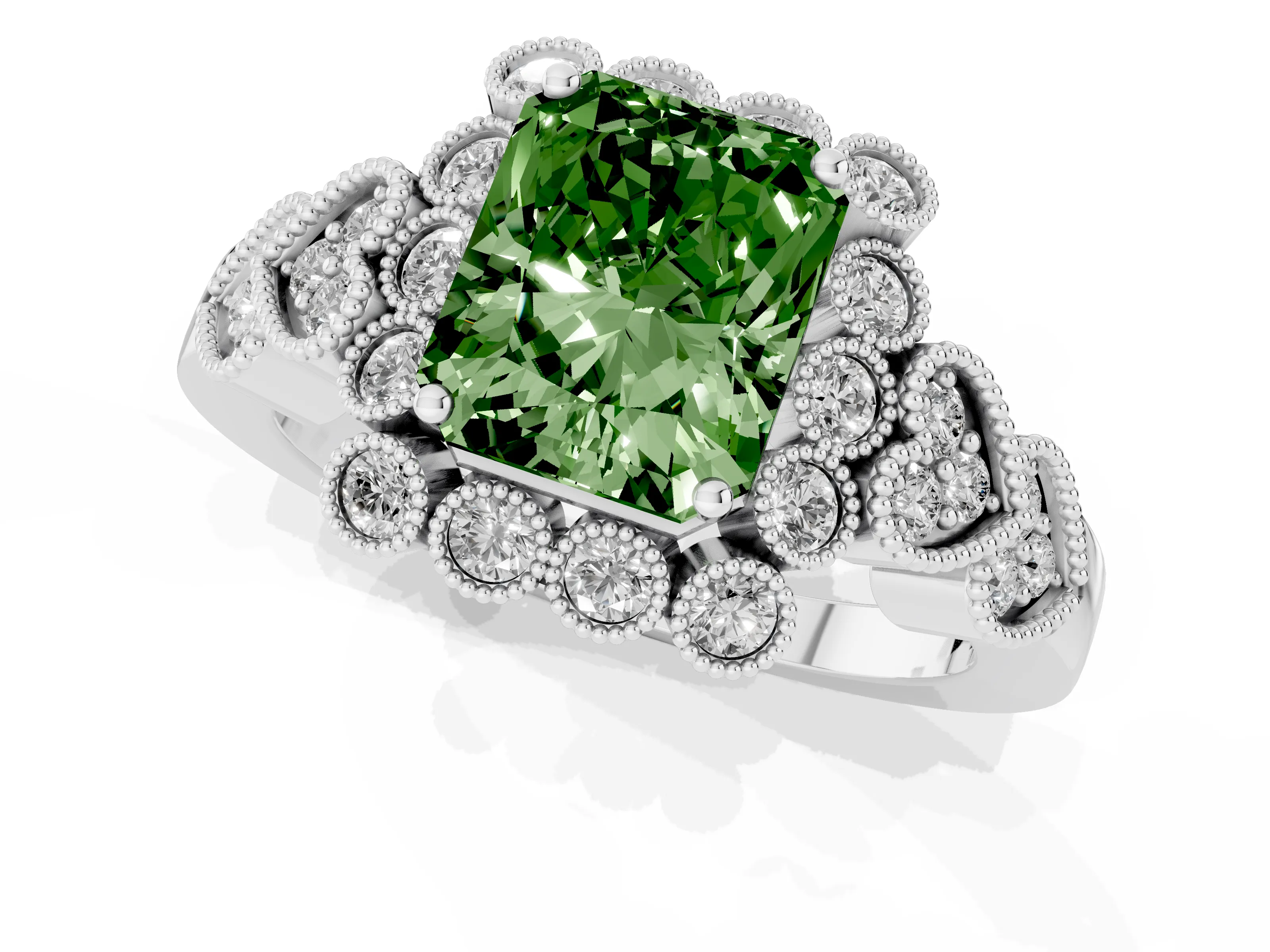 Fancy Green Radiant Cut Diamond Solitaire Ring Set in Silver with Milgrain Pavé Heart Band
