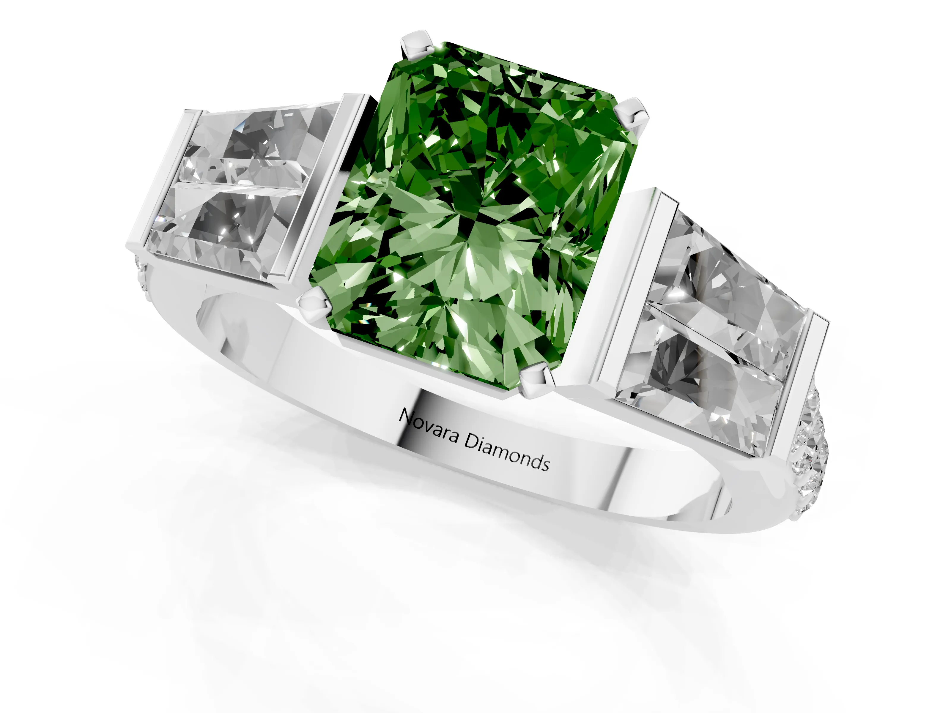 Fancy Green Radiant Cut Diamond Engagement Ring Set in Silver with Baguette Side Stones and Channel Set Band