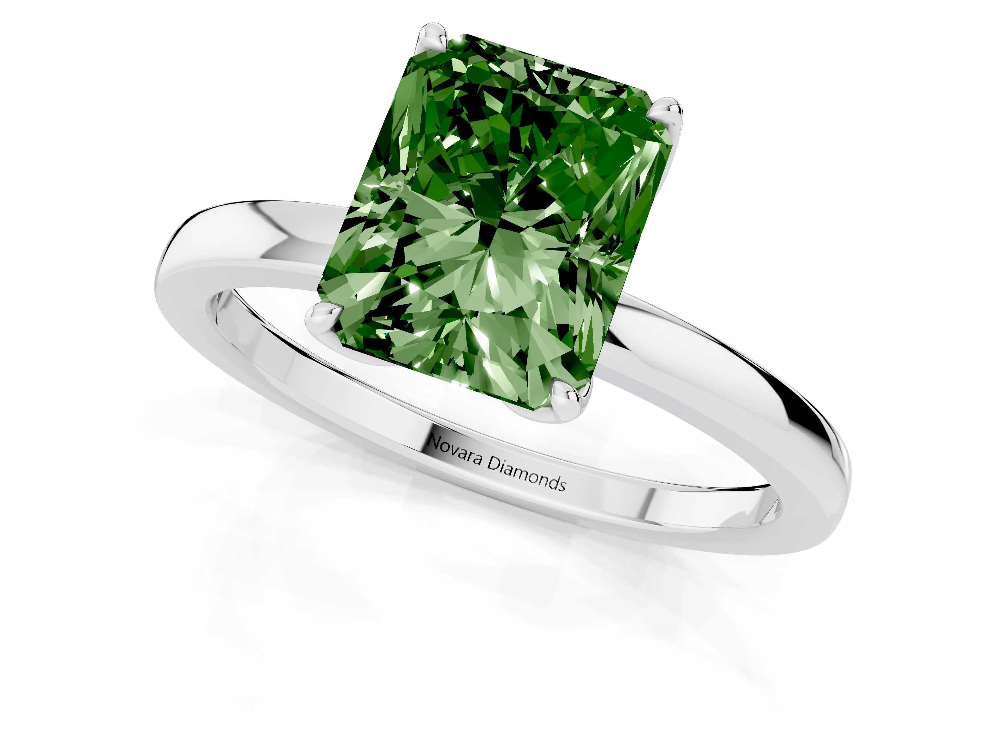 Fancy Green Radiant Cut Diamond Solitaire Ring Set in Platinum with Prong Setting and Thin Polished Band