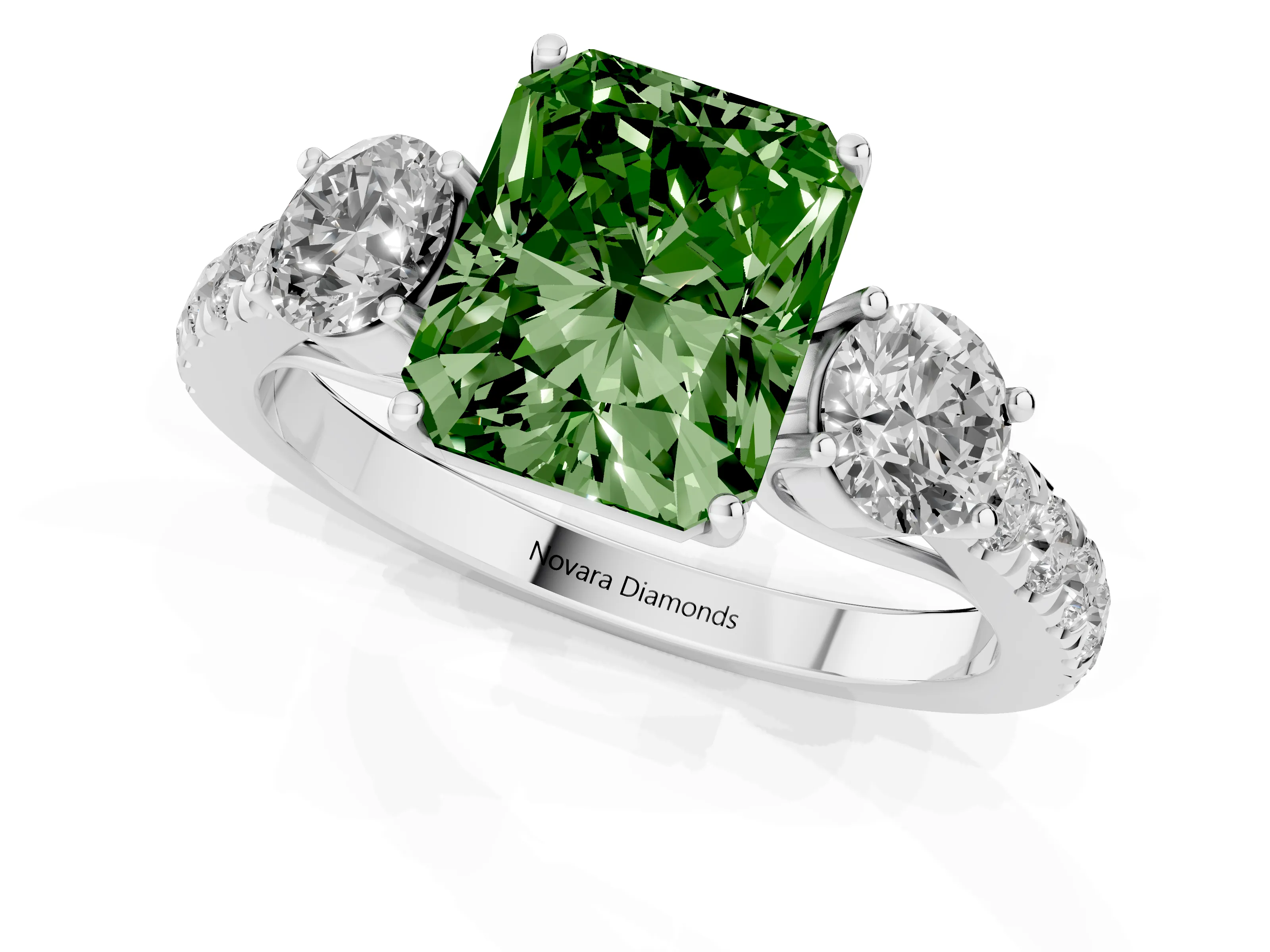 Fancy Green Radiant Cut Diamond Three-Stone Ring Set in Silver with Round Side Stones and Delicate Pavé Band