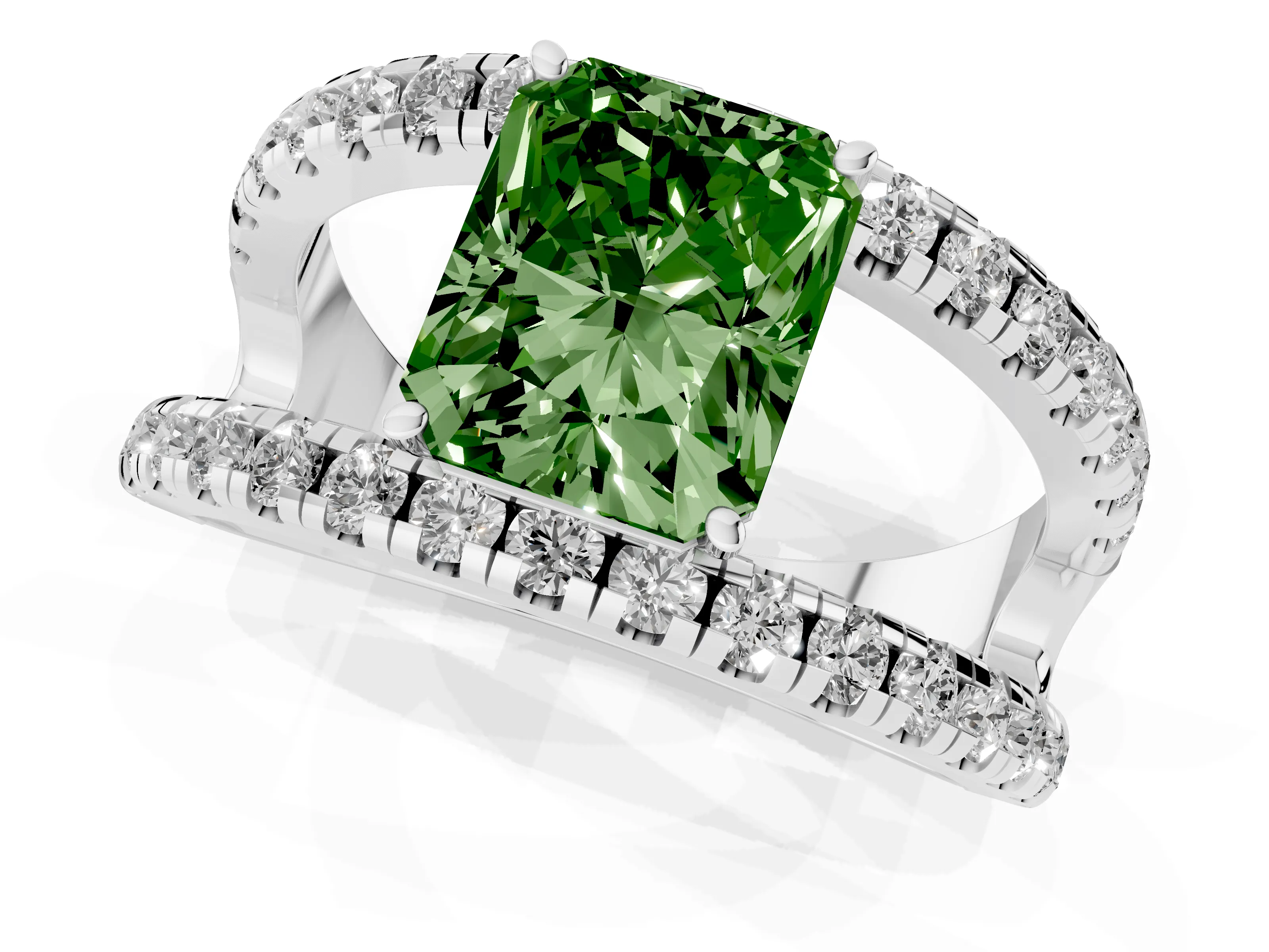 Fancy Green Radiant Cut Diamond Split Shank Pavé Solitaire Ring Set in Silver with Open Shank Design