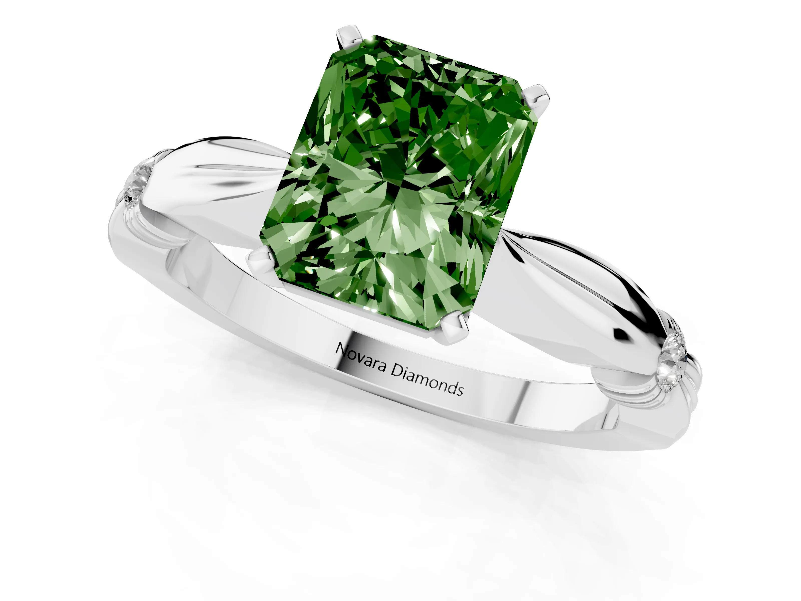 Fancy Green Radiant Cut Diamond Solitaire Twisted Band Ring Set in White gold with Accent Stones and Prong Setting – second view