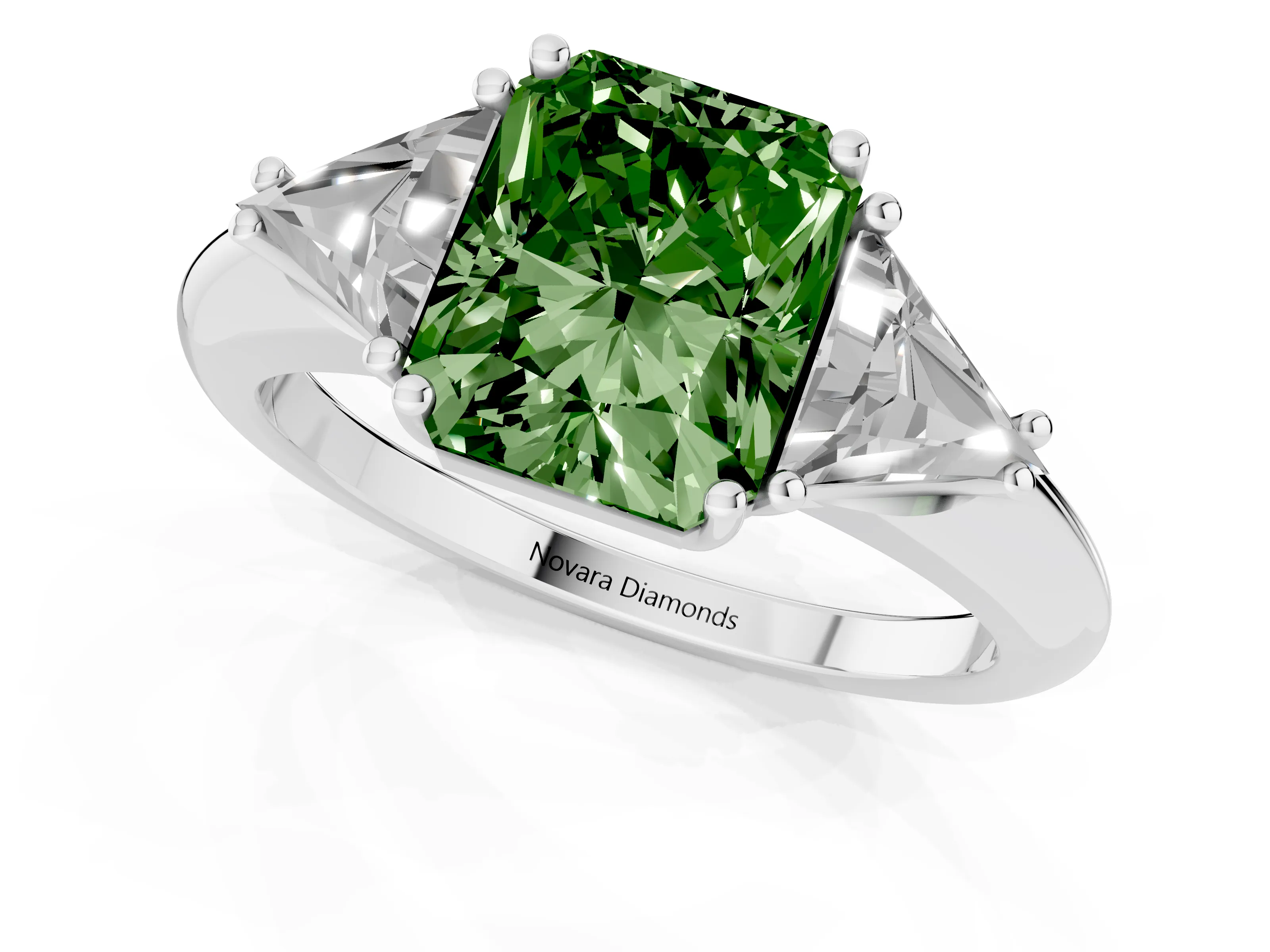 Fancy Green Radiant Cut Diamond Three-Stone Engagement Ring Set in Platinum with Trillion Side Stones
