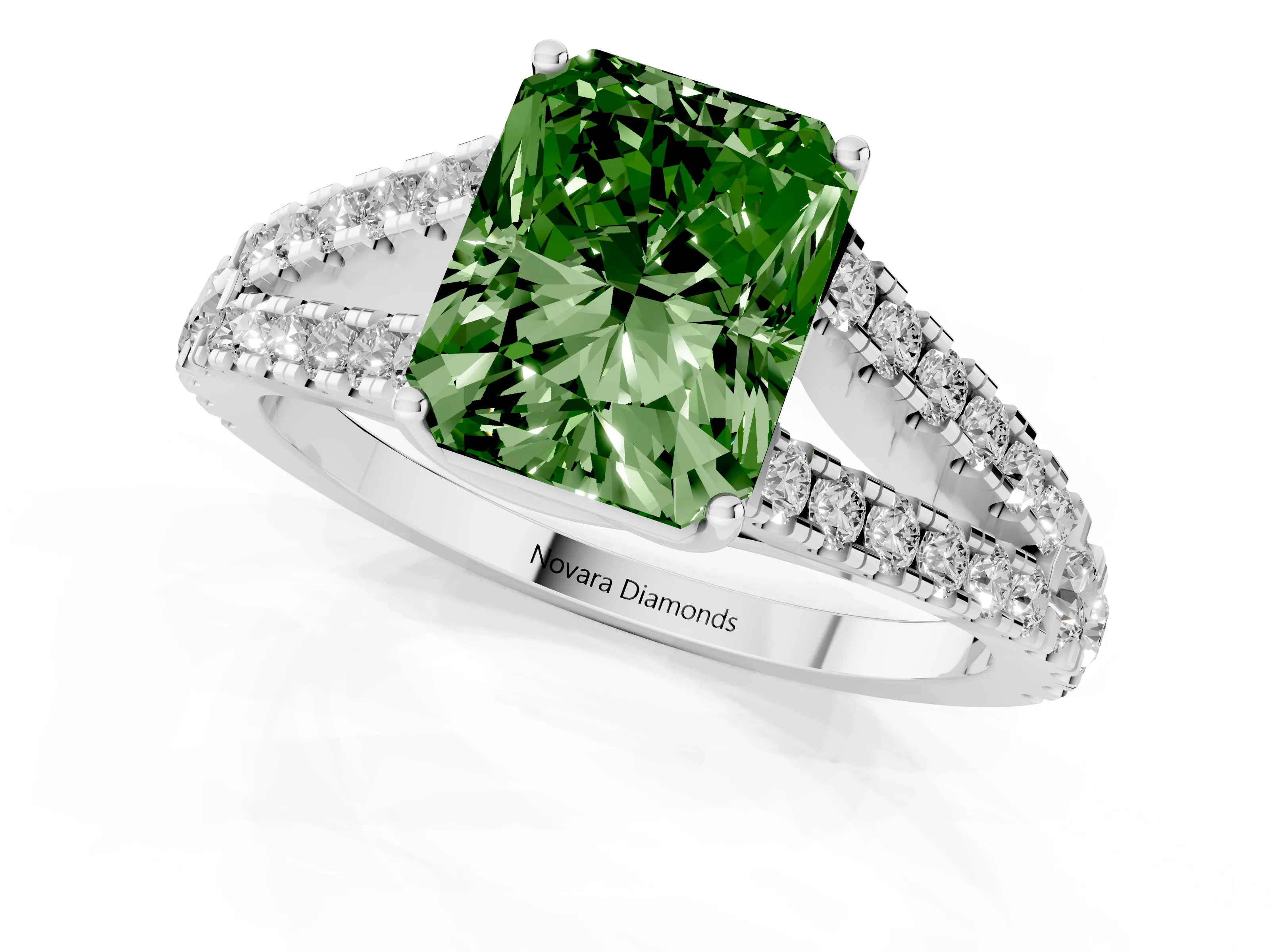 Fancy Green Radiant Cut Diamond Split Shank Pavé Engagement Ring Set in Platinum with Prong-Held Center Stone