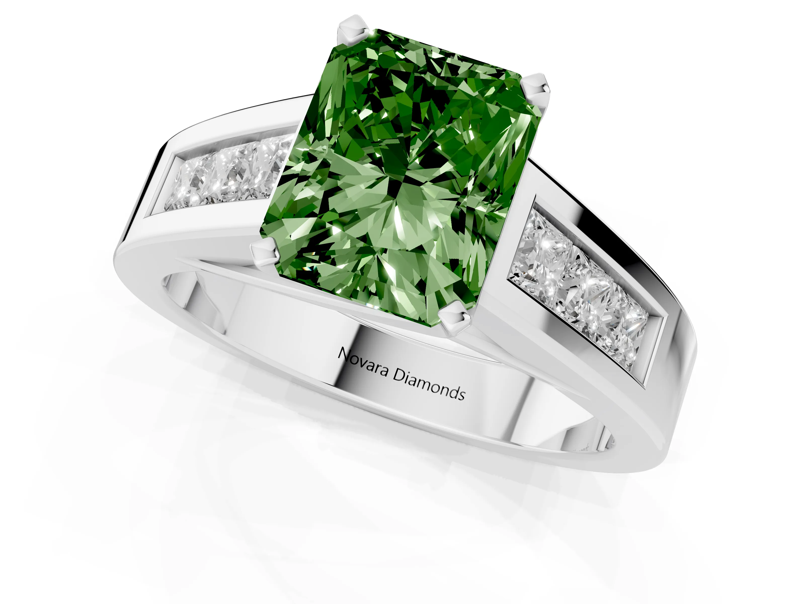 Fancy Green Radiant Cut Diamond Solitaire Ring Set in Silver with Channel-Set Accent Stones and Prong Setting