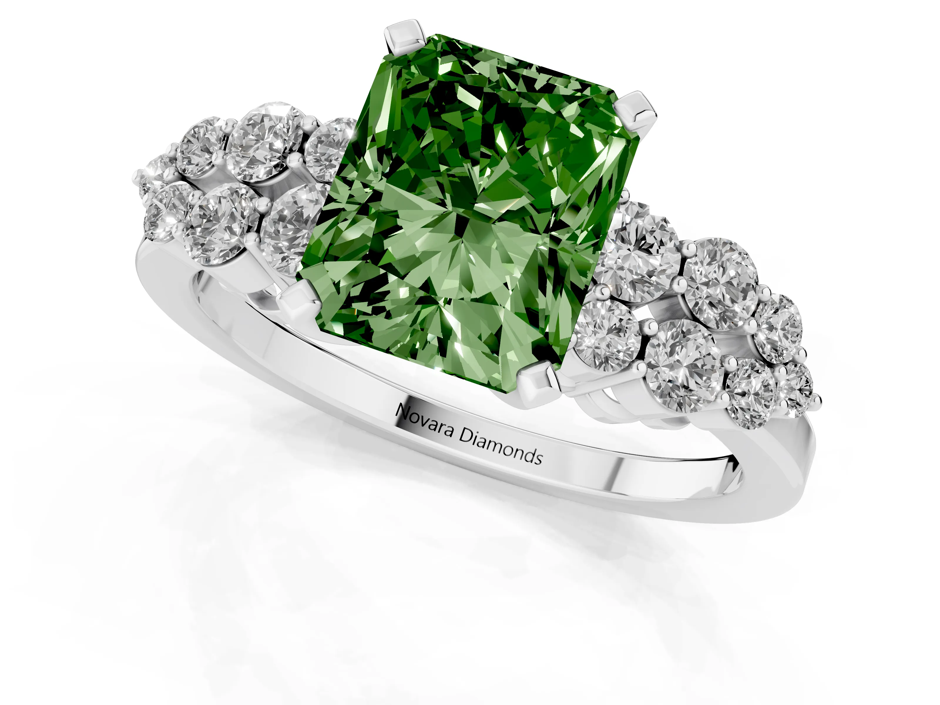 Fancy Green Radiant Cut Diamond Cluster Engagement Ring Set in Platinum with Pavé Band and Prong Setting