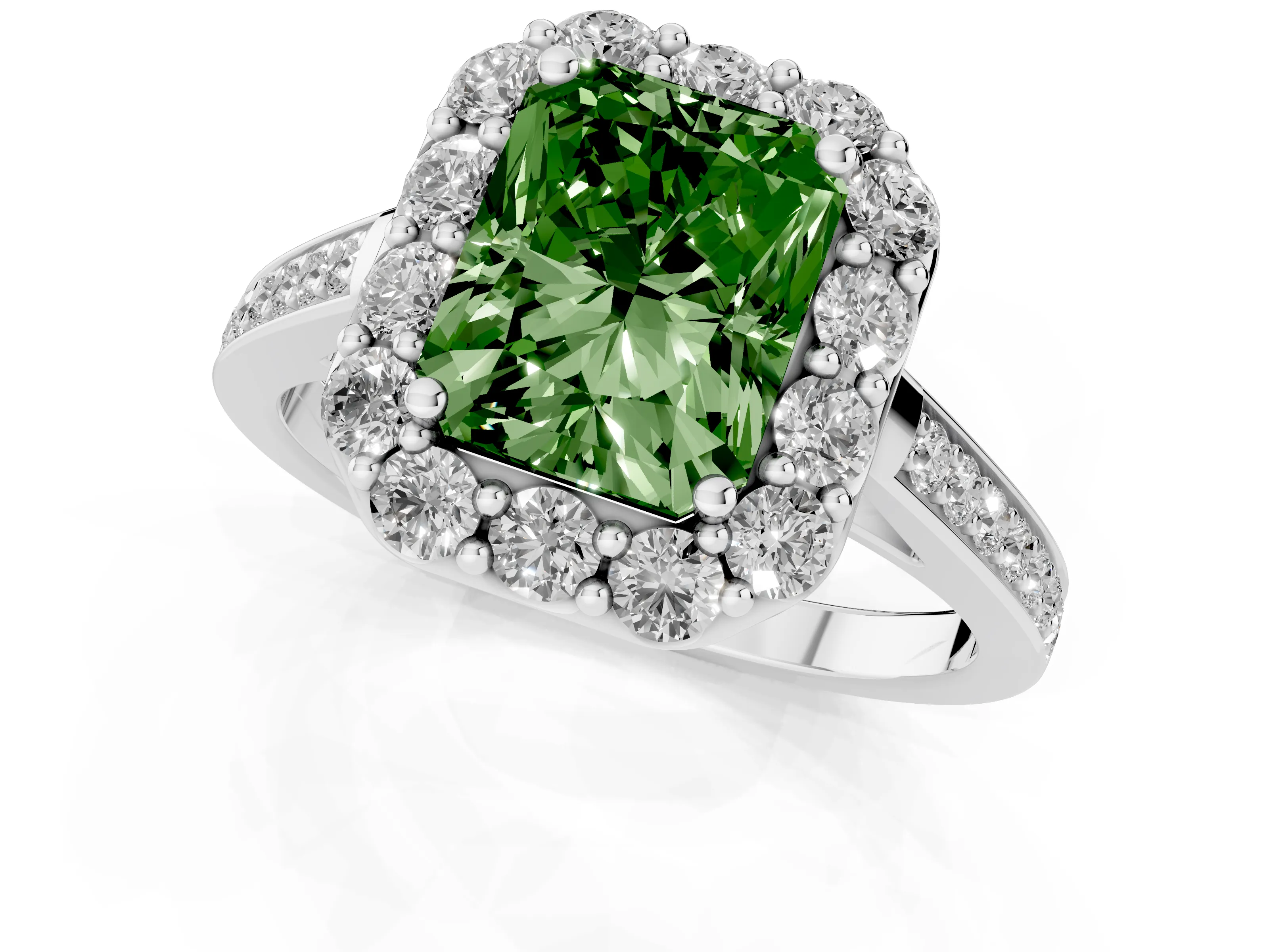 Fancy Green Radiant Cut Diamond Floral Halo Ring Set in Platinum with Pavé Band and Prong Setting
