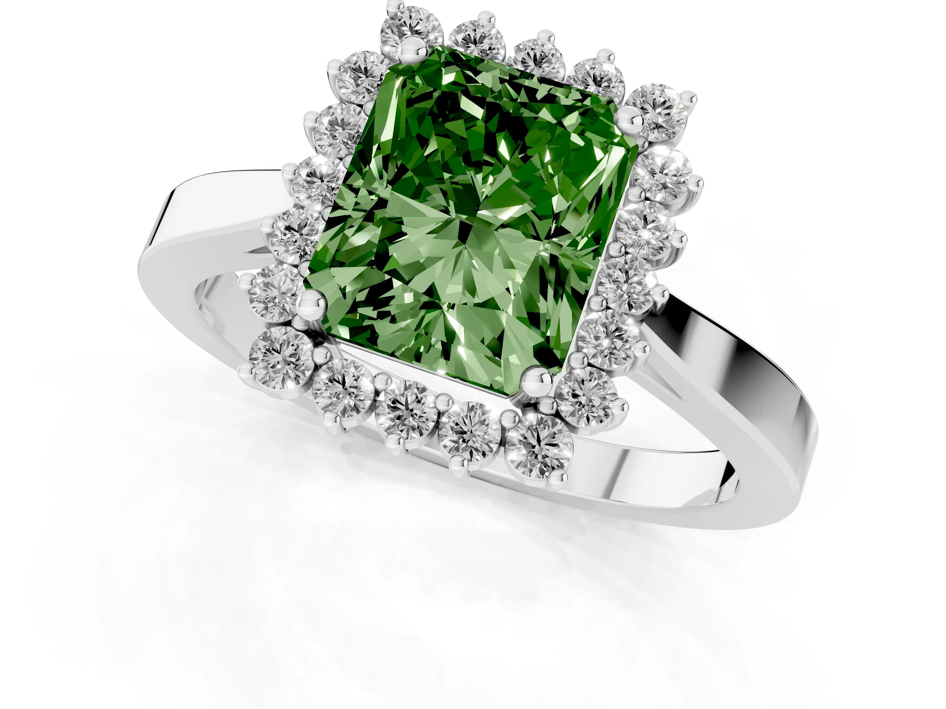 Fancy Green Radiant Cut Diamond Halo Ring Set in White gold with Round Halo and Smooth Solitaire Band