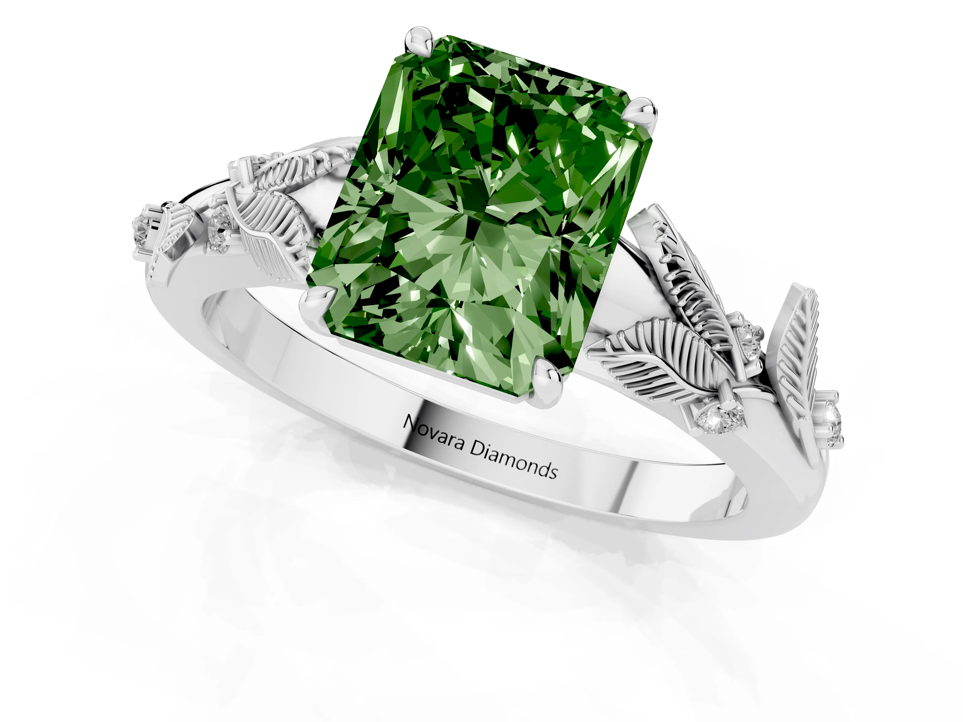 Fancy Green Radiant Cut Diamond Solitaire Ring Set in Platinum with Leaf Motif Band