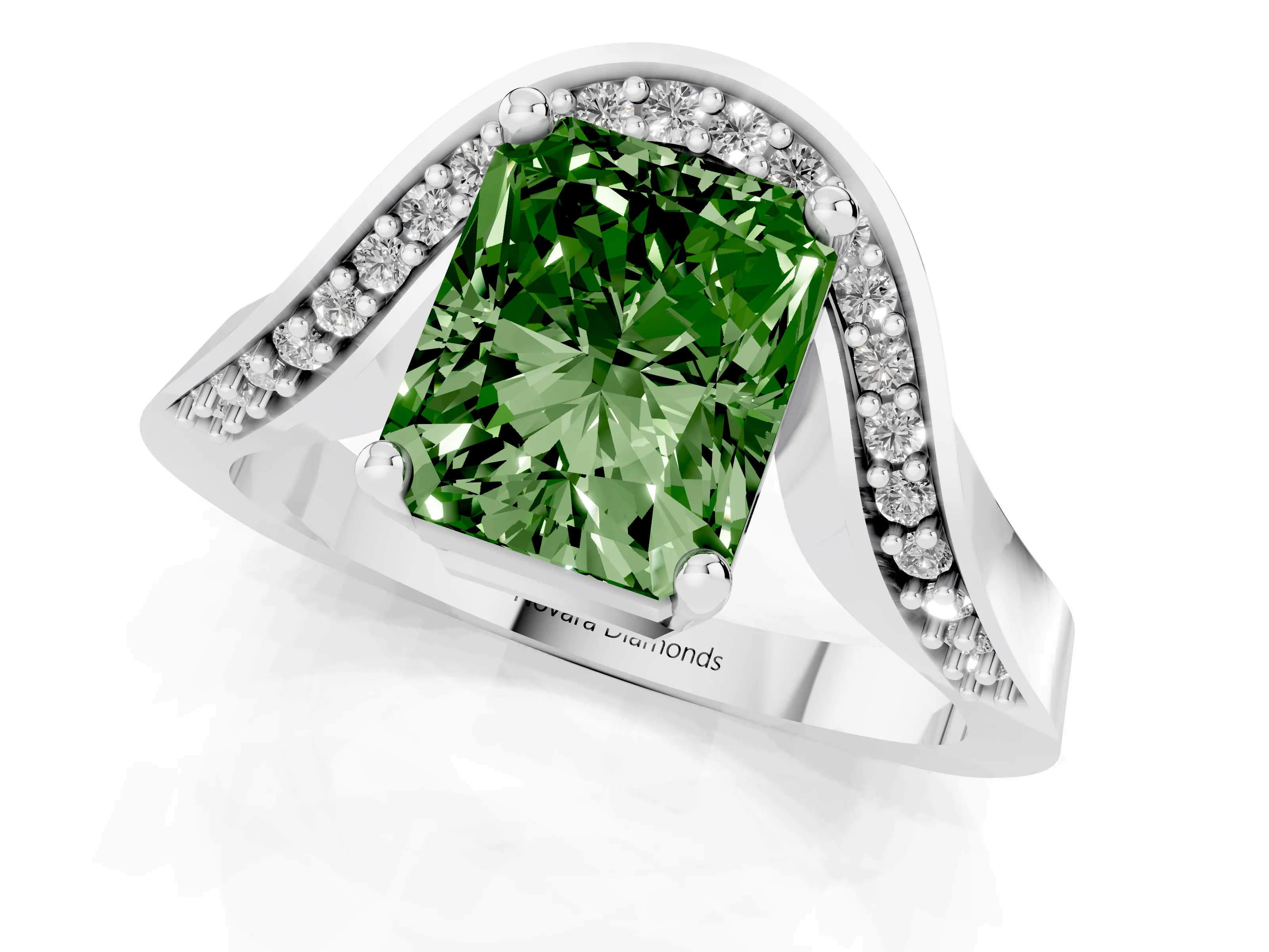 Fancy Green Radiant Cut Diamond Solitaire Engagement Ring Set in Platinum with Pavé Shoulders