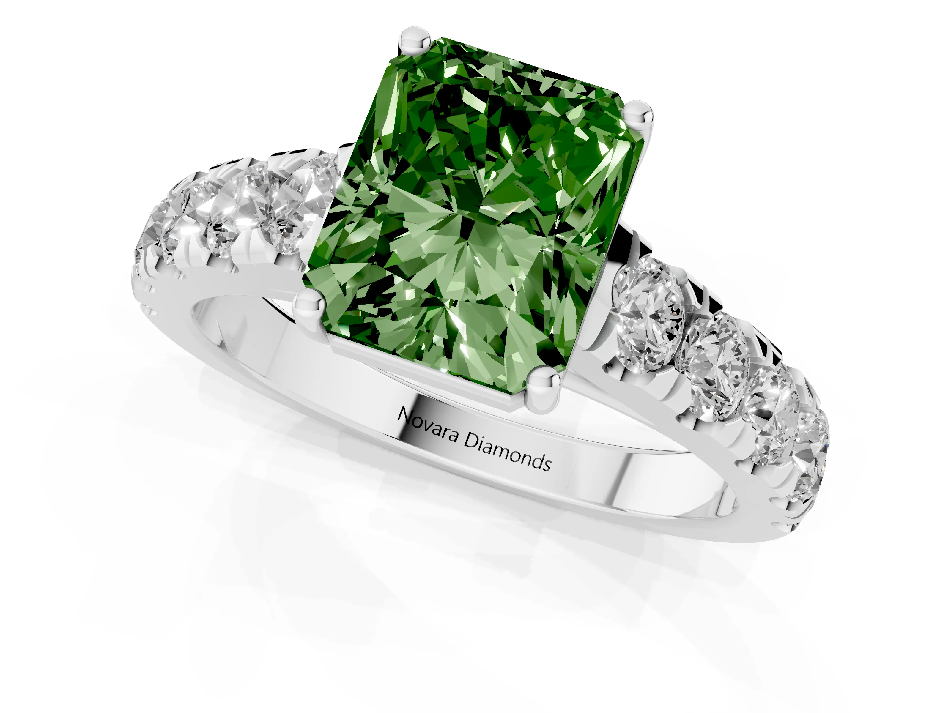 Fancy Green Radiant Cut Diamond Solitaire Ring Set in Silver with Cut-Down Micro Pavé Band and Prong Setting