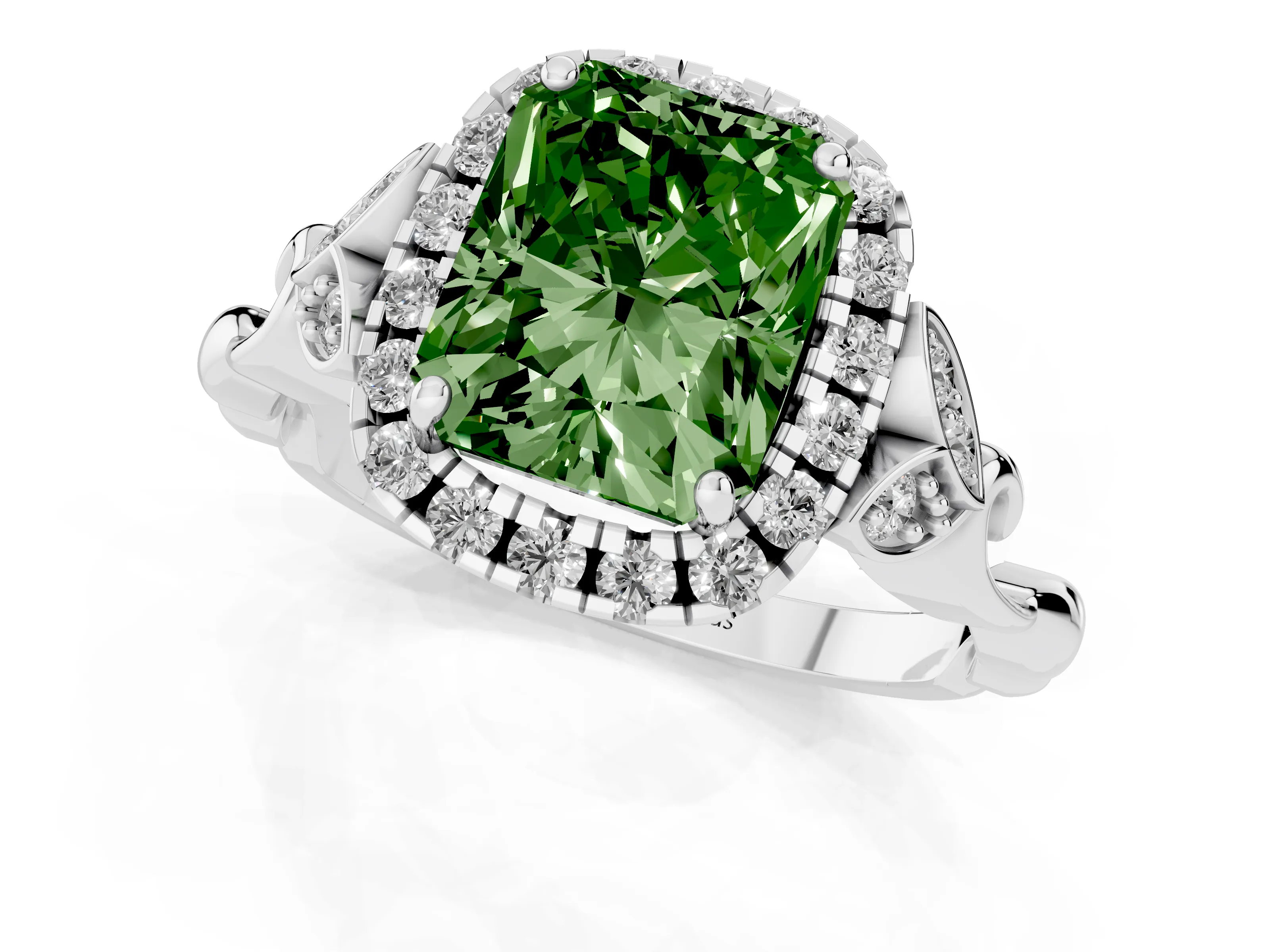 Fancy Green Radiant Cut Diamond Halo Engagement Ring Set in White gold with Vintage-Inspired Band and Prong Setting