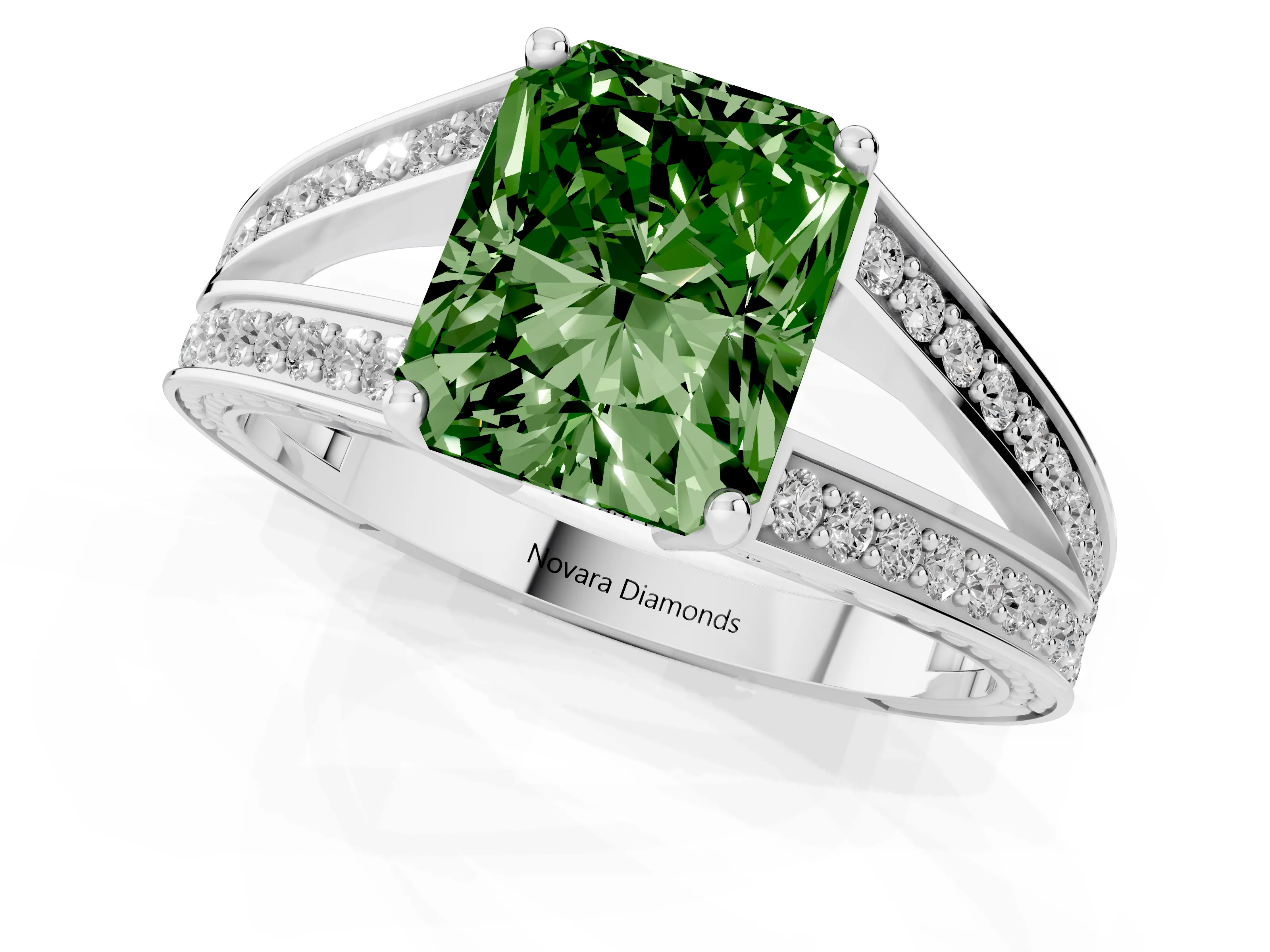 Fancy Green Radiant Cut Diamond Split Shank Ring Set in Platinum with Pavé Band and Prong Setting