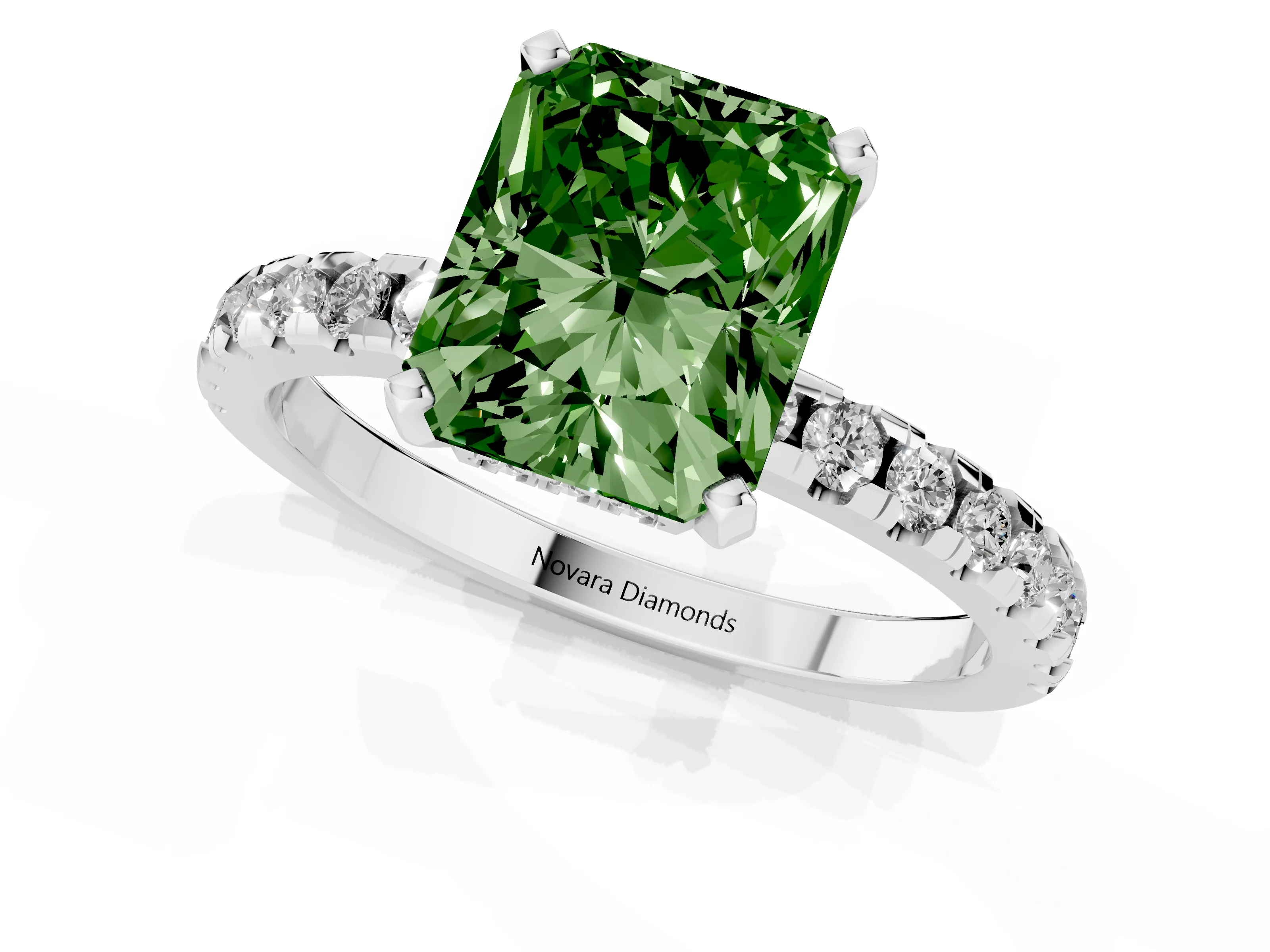 Fancy Green Radiant Cut Diamond Pavé Solitaire Ring Set in White gold with Round Band Accents and Prong Setting