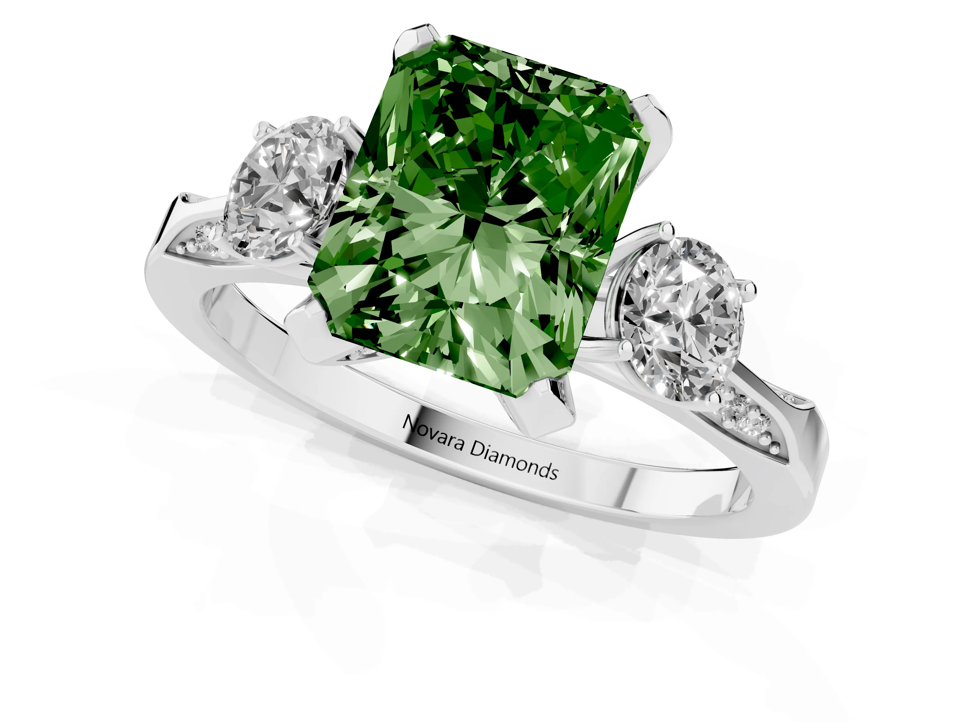 Fancy Green Radiant Cut Diamond Three-Stone Ring Set in Silver with Pavé Band and Smaller Side Stones