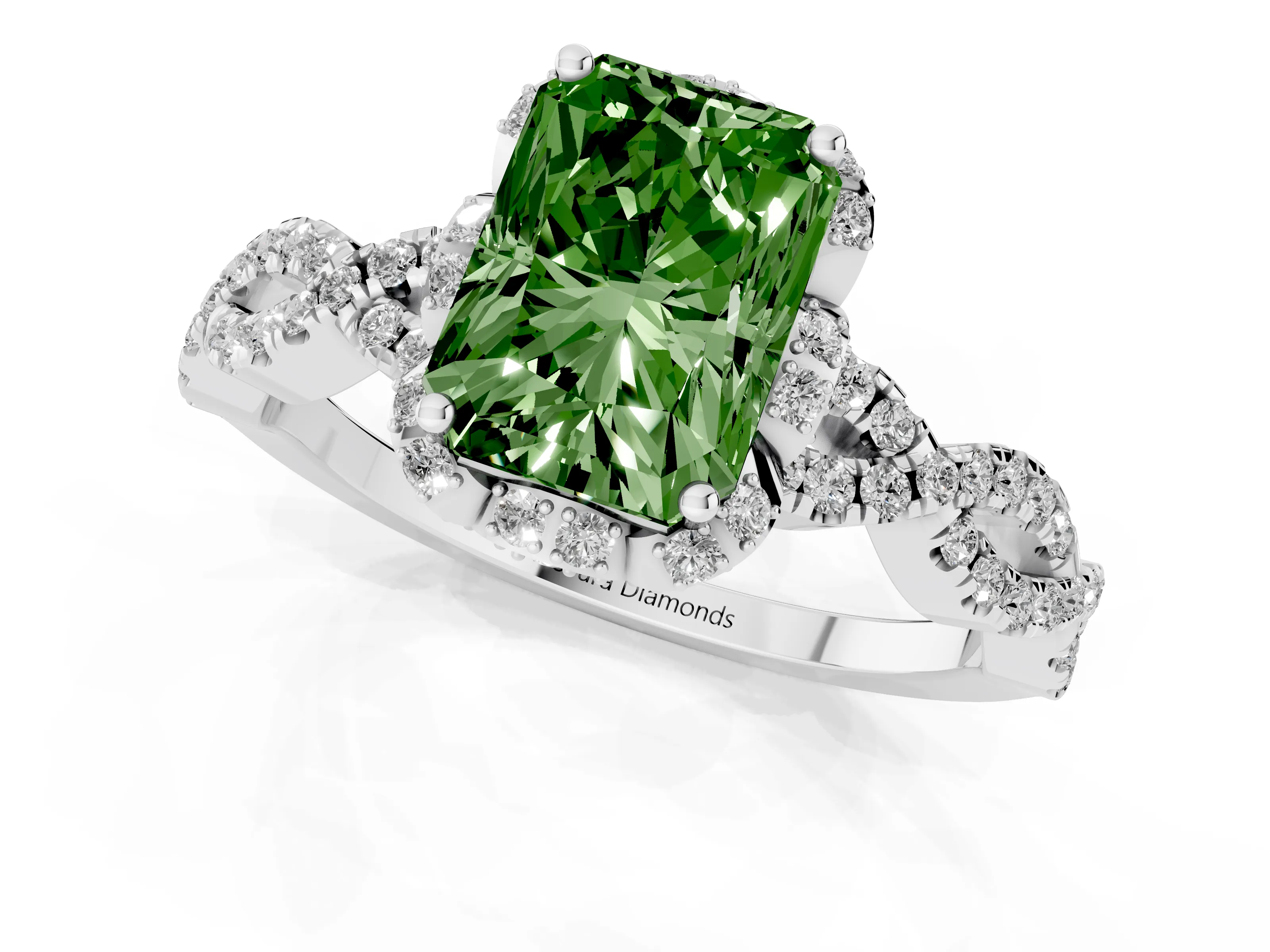 Fancy Green Radiant Cut Diamond Halo Twist Band Solitaire Ring Set in White gold with Prong-Set Center Stone