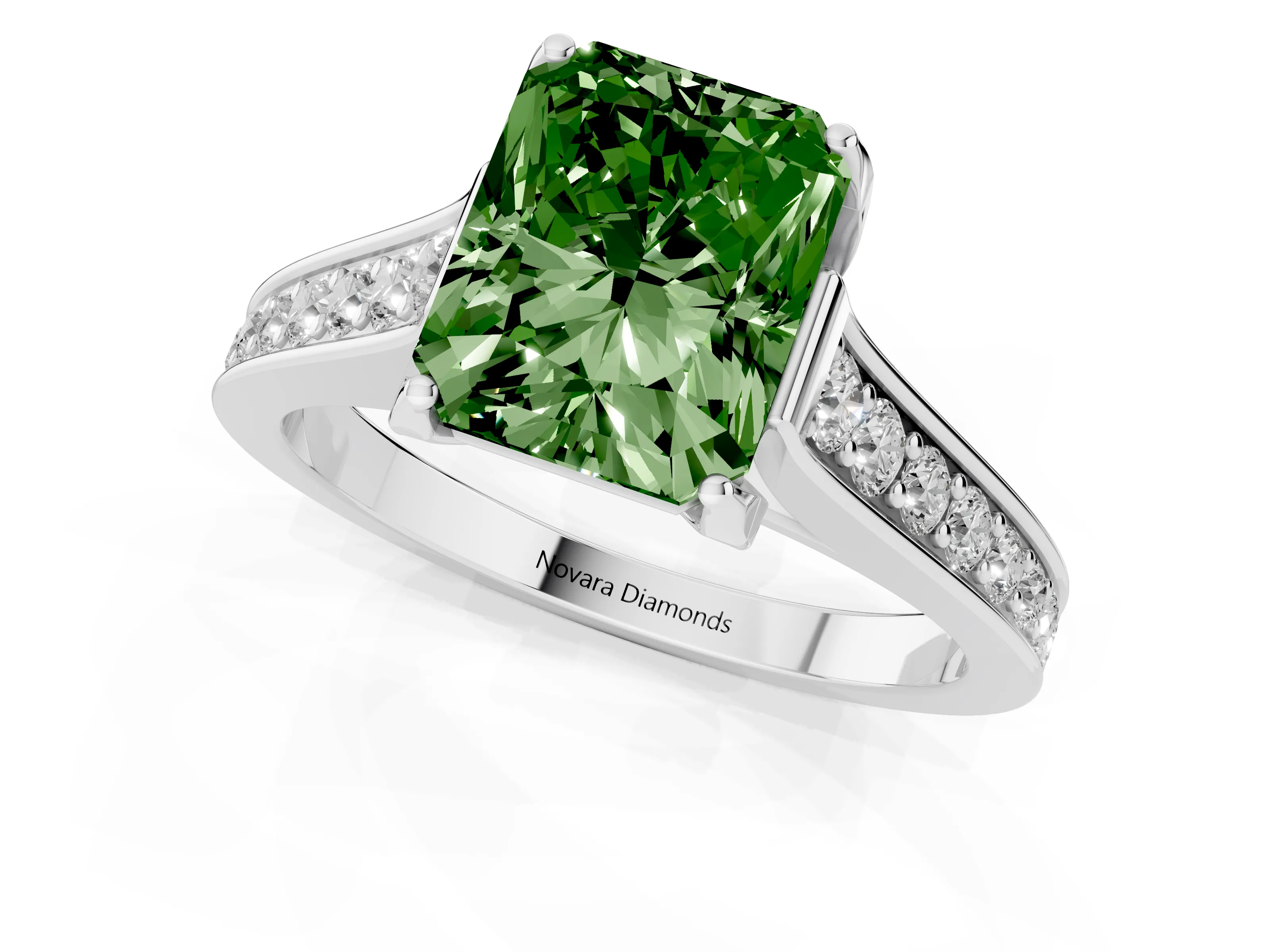 Fancy Green Radiant Cut Diamond Solitaire Pavé Engagement Ring Set in White gold with Prong Setting