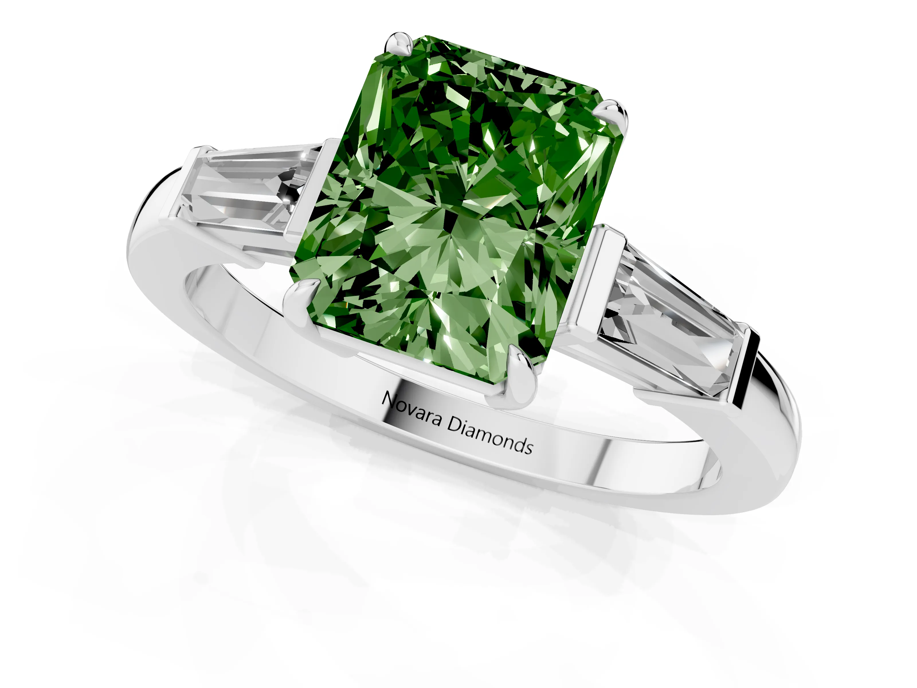 Fancy Green Radiant Cut Diamond Three-Stone Ring Set in Platinum with Tapered Baguette Side Stones and Prong Setting