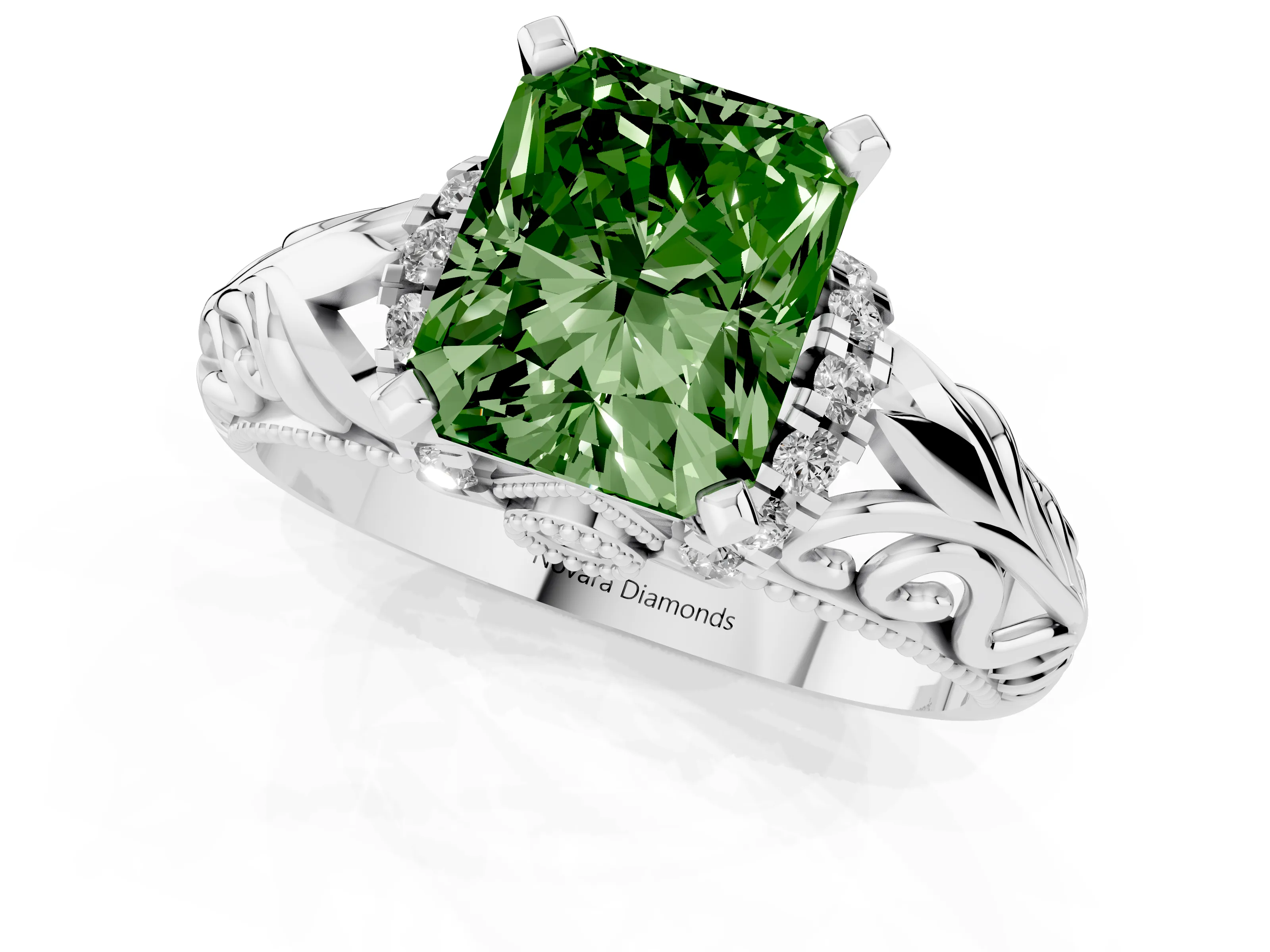 Fancy Green Radiant Cut Diamond Filigree Halo Engagement Ring Set in White gold with Prong Setting
