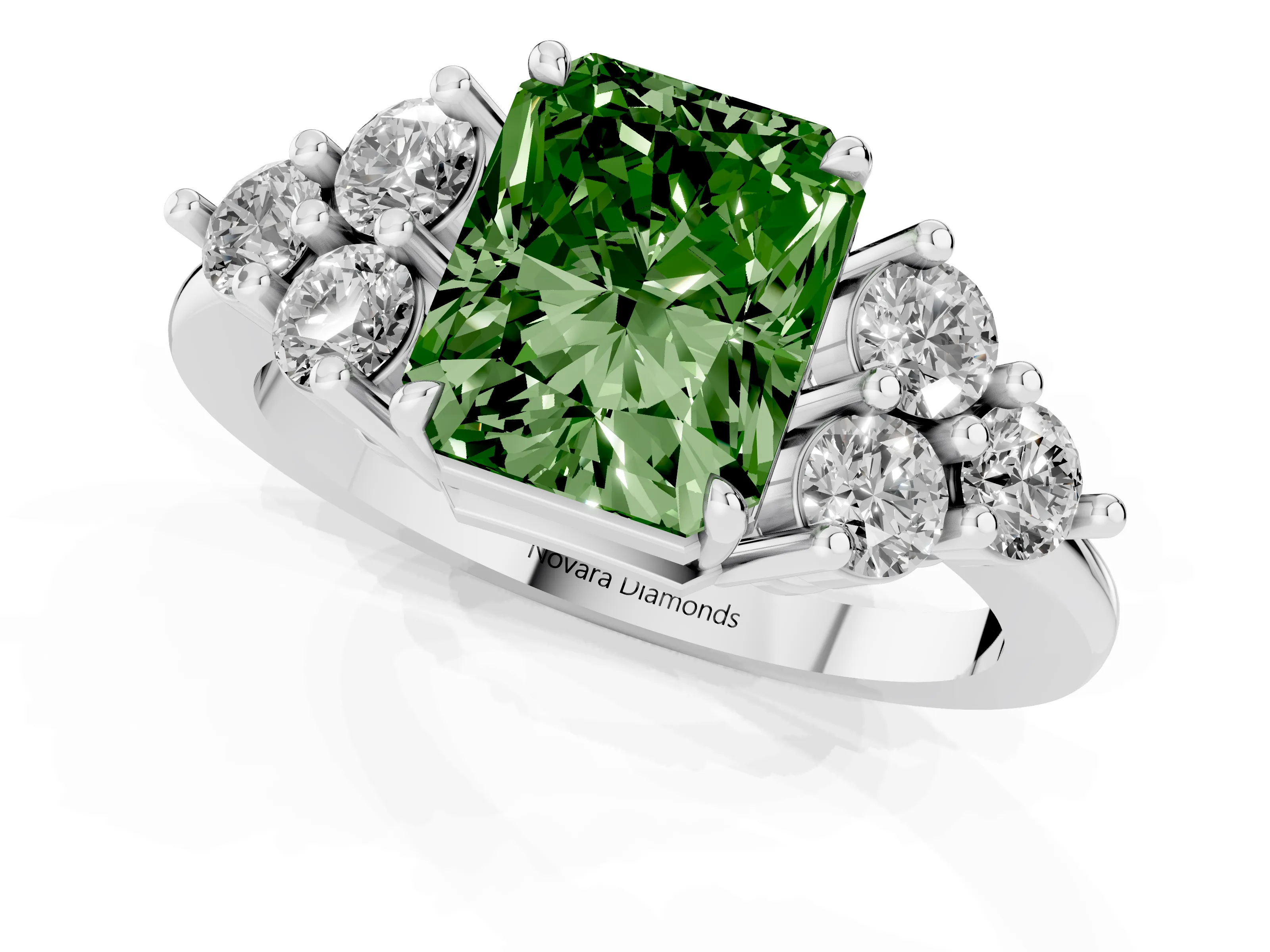 Fancy Green Radiant Cut Diamond Solitaire Ring Set in White gold with Cluster Accents on Each Side