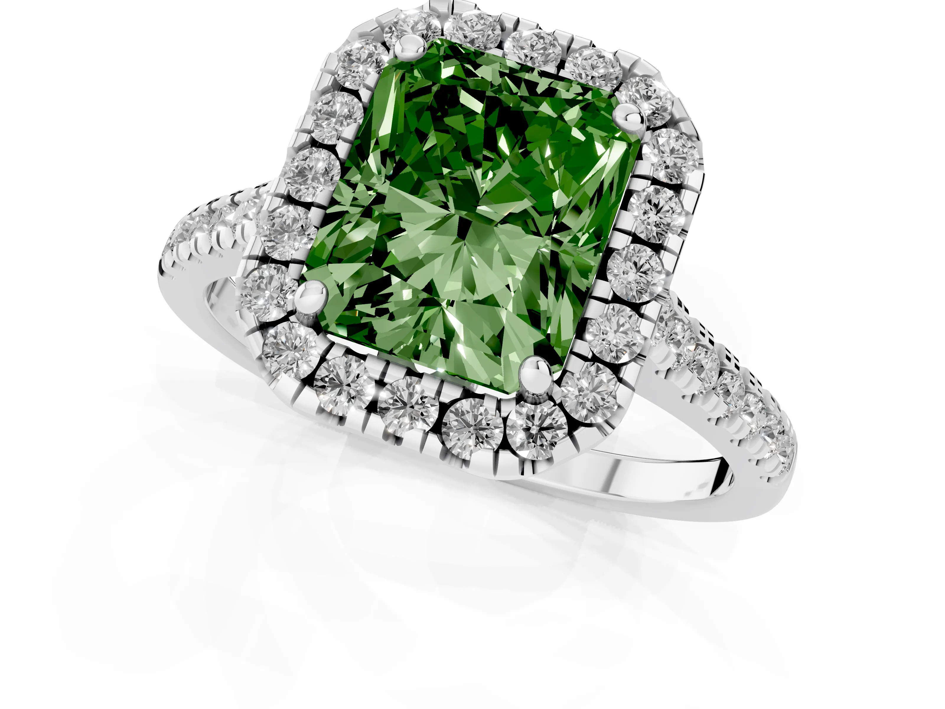 Fancy Green Radiant Cut Diamond Cushion Halo Ring Set in White gold with Pavé Band – second view