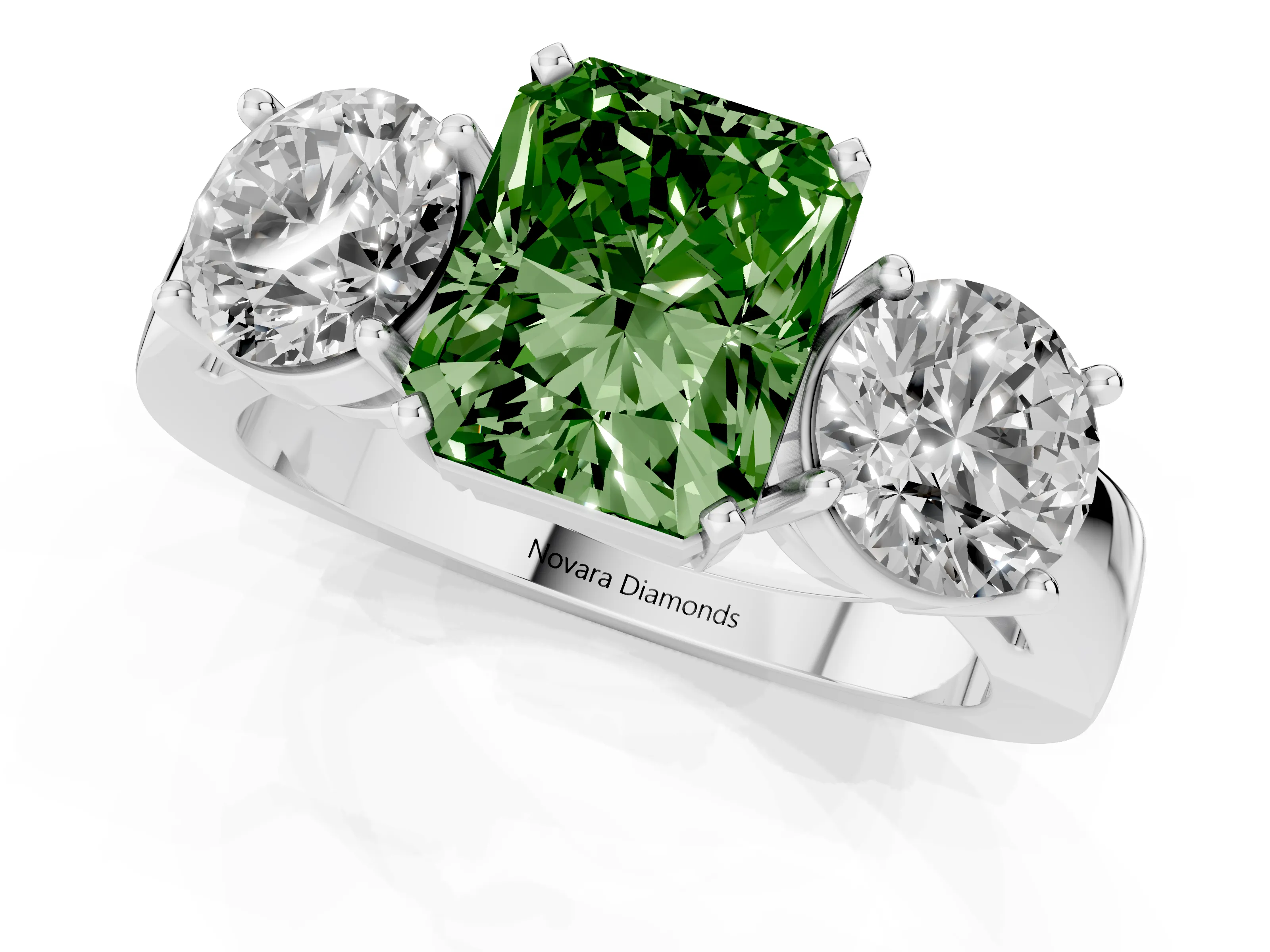 Fancy Green Radiant Cut Diamond Three-Stone Ring Set in Platinum with Round Side Stones and Classic Band