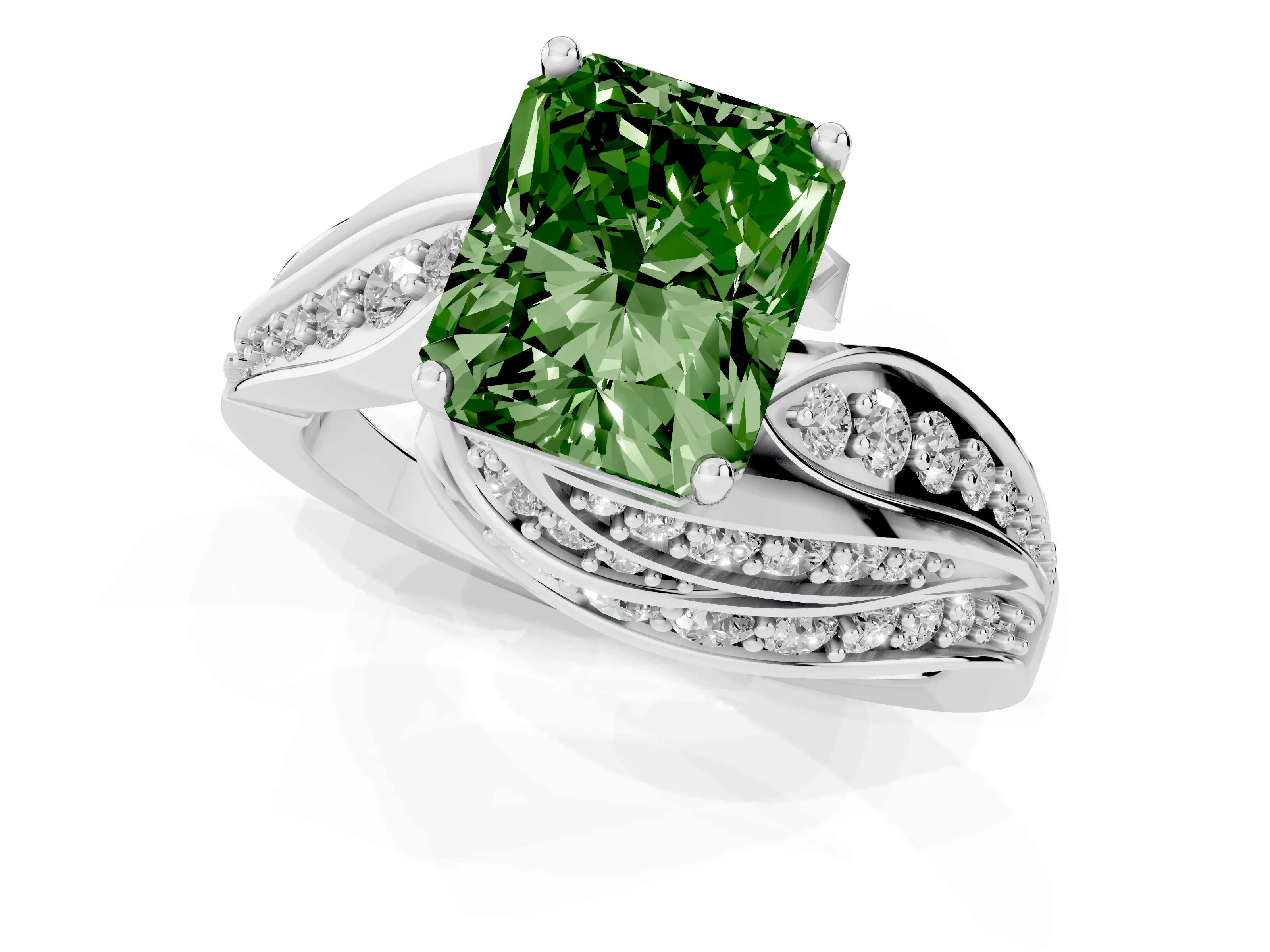 Fancy Green Radiant Cut Diamond Solitaire Ring Set in Platinum with Layered Twist Pavé Band
